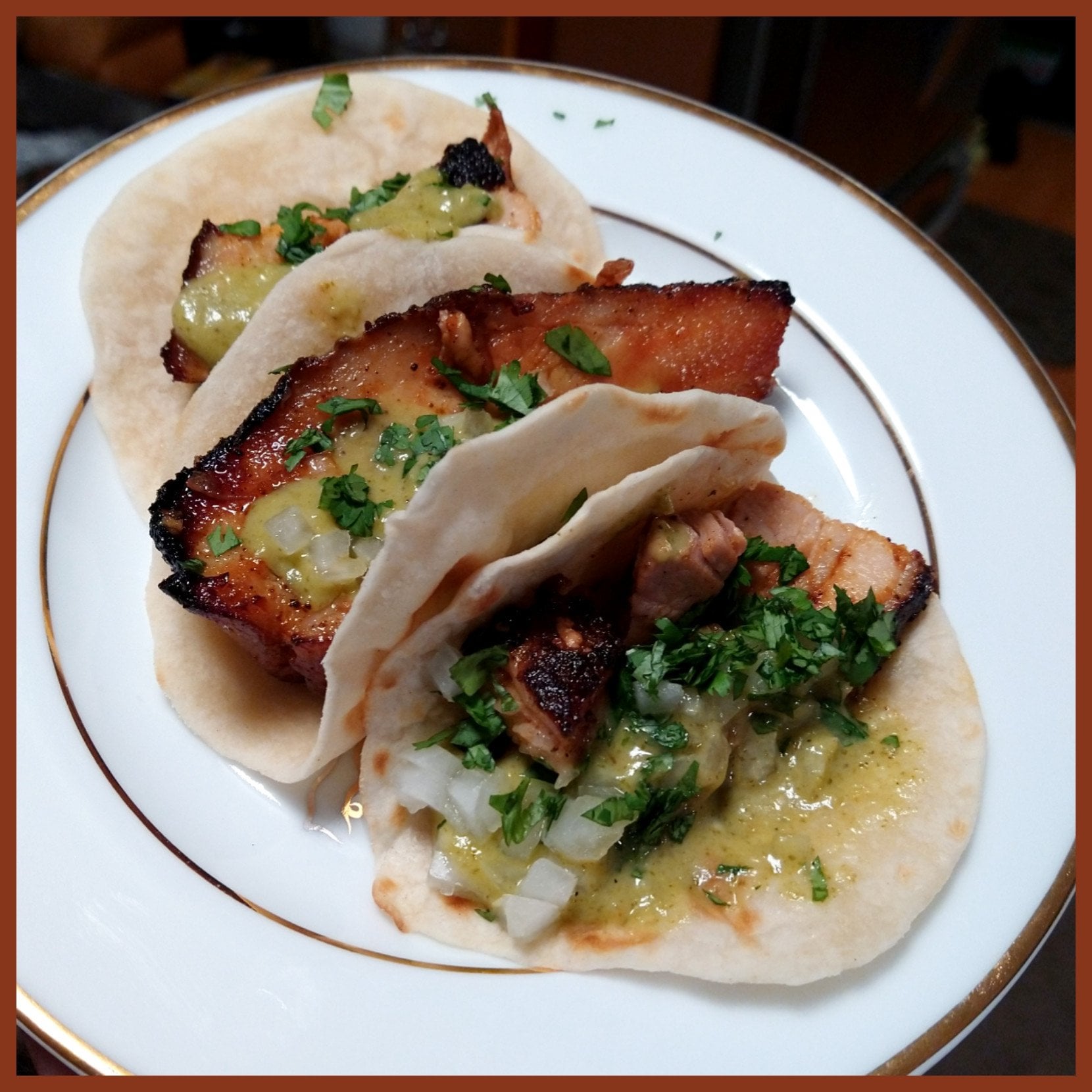 Pork Belly Tacos Homemade Tortillas And Tomatillo Salsa Dining And