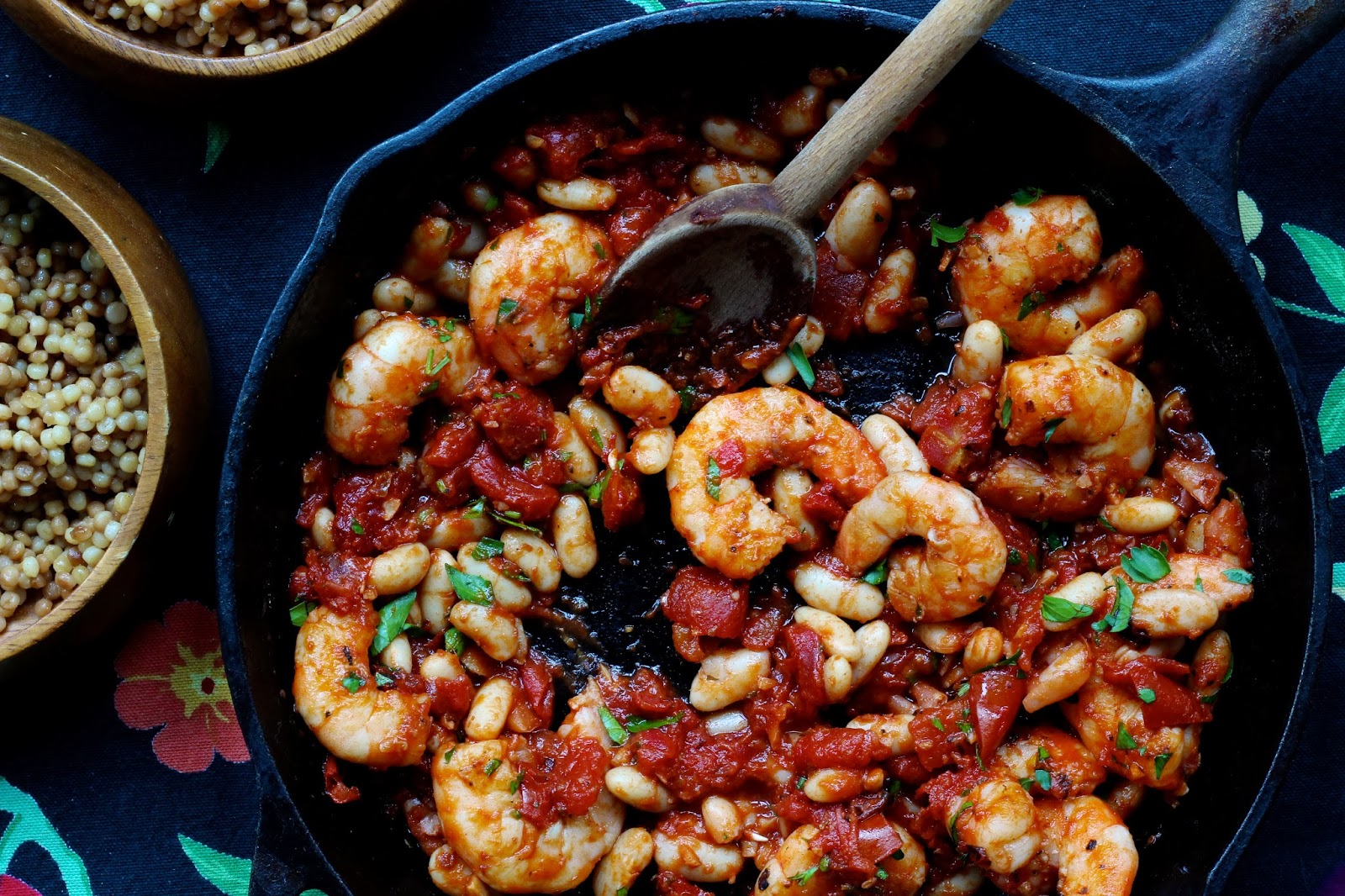 Shrimp with fire-roasted tomatoes & cannellini beans over pearl ...