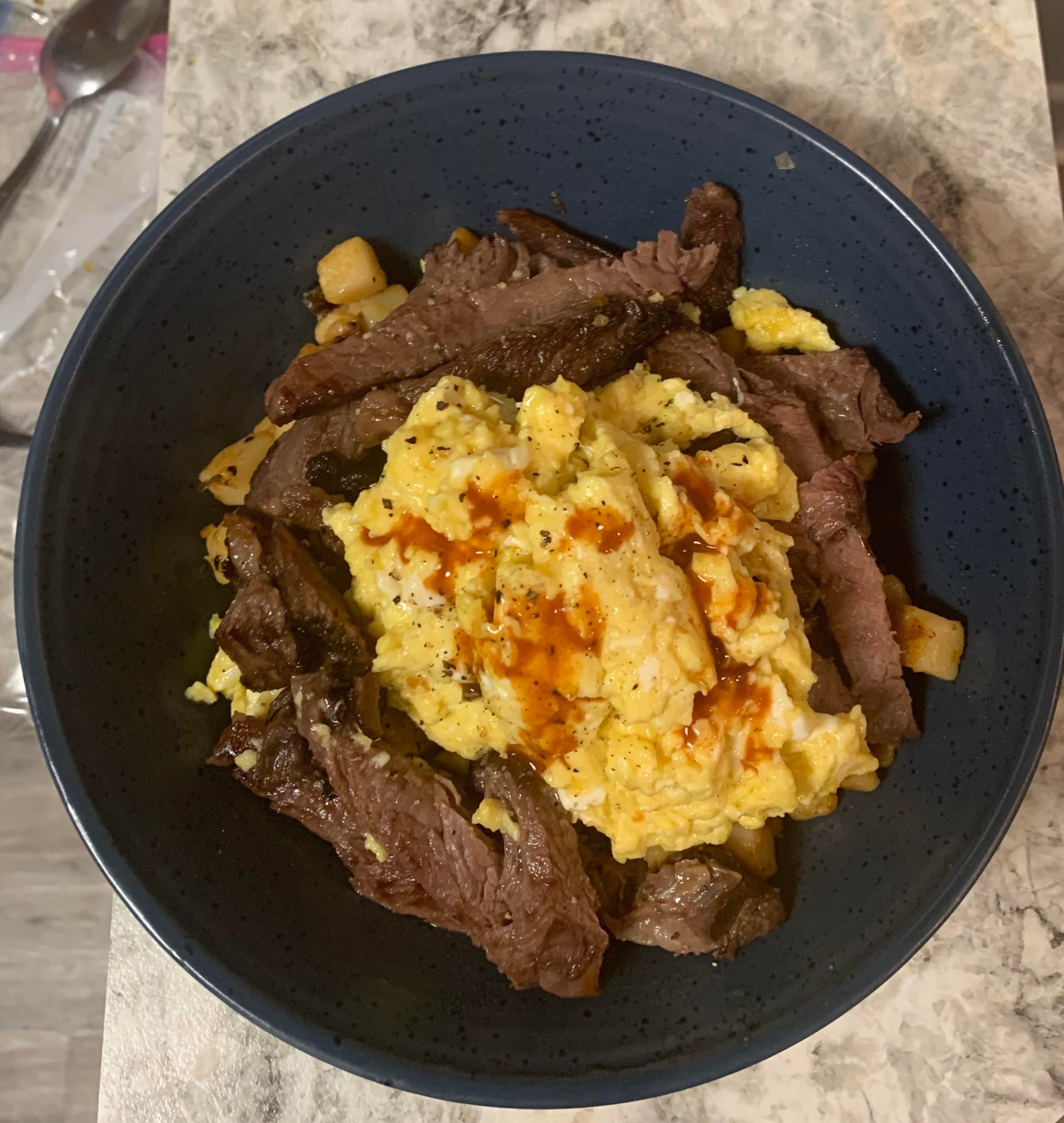 Left Over Ribeye Some Potatoes With Hatch Chilis And Soft Scrambled Egg Dining And Cooking 