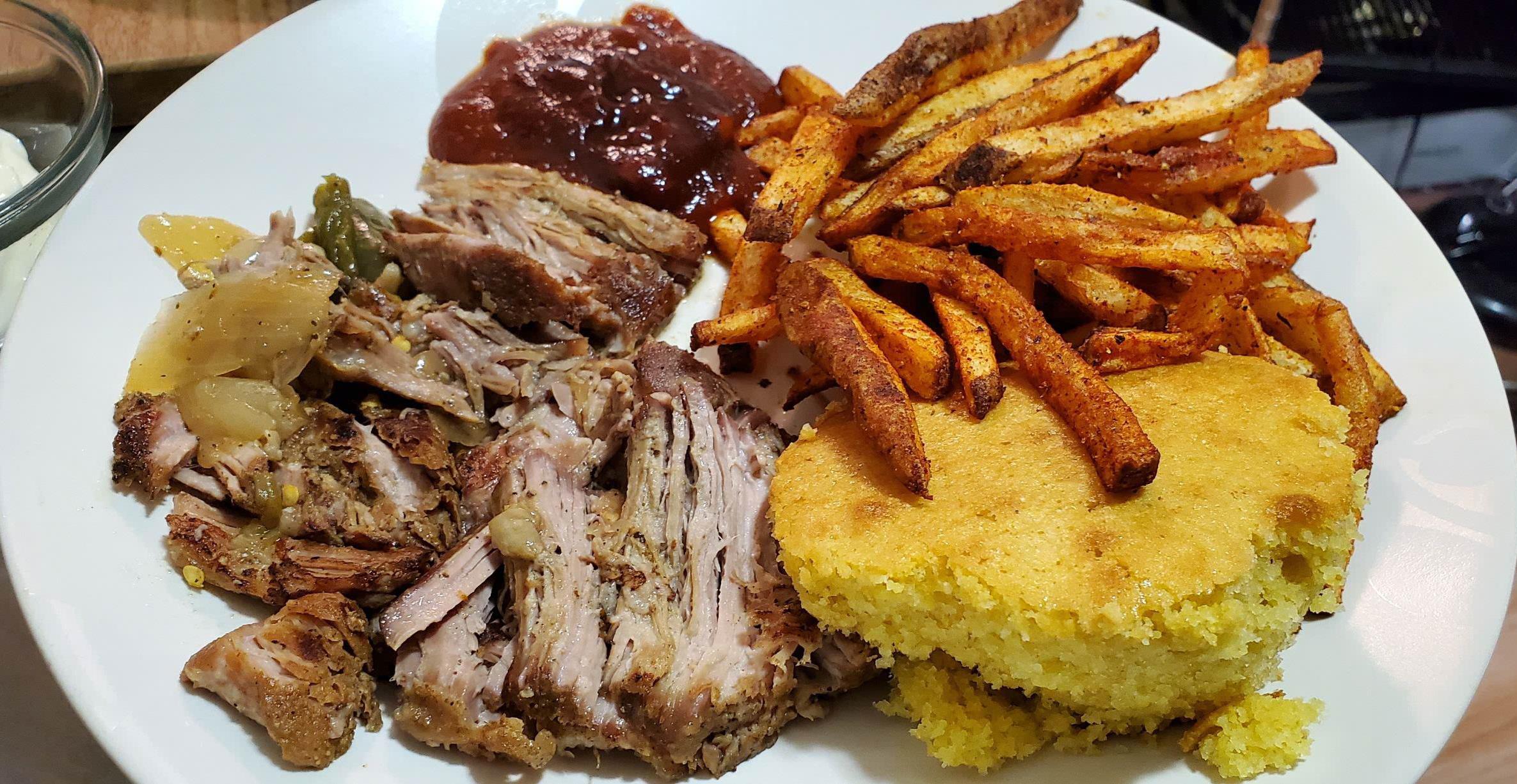 Carnitas, cajun fries, cornbread, habanero bbq sauce - Dining and Cooking