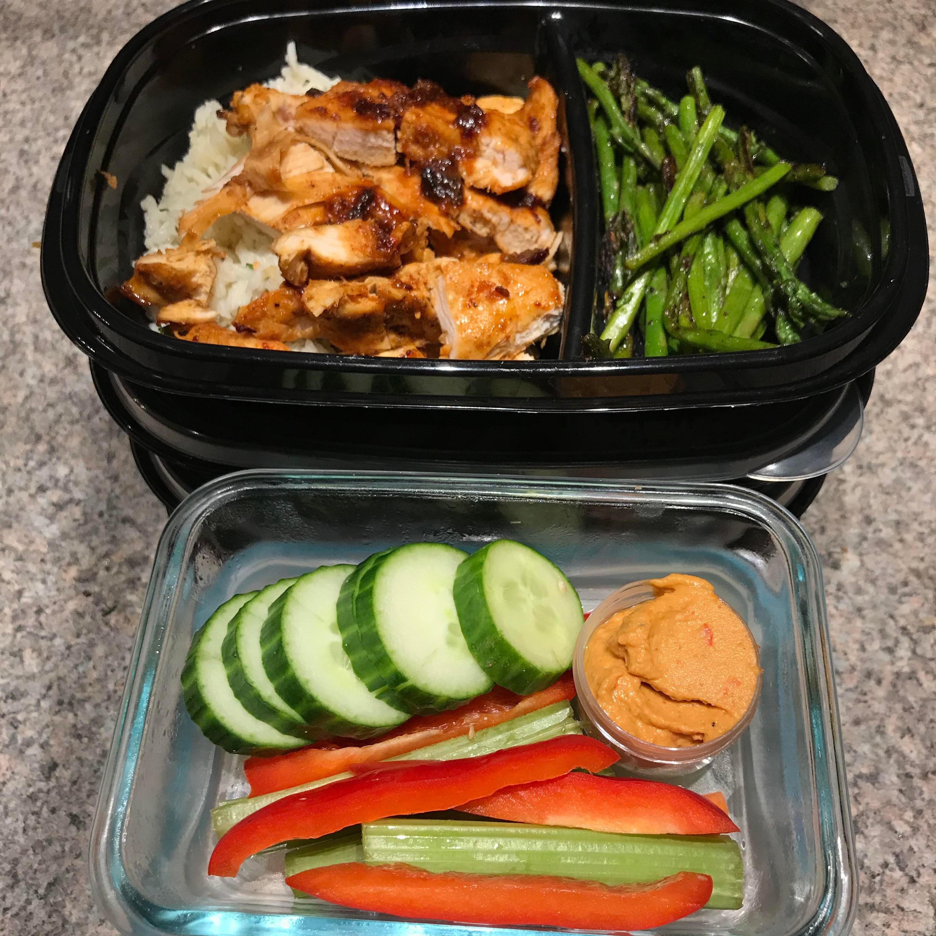 Orange chipotle chicken with cilantro rice and asparagus + veggies and red pepper hummus ...