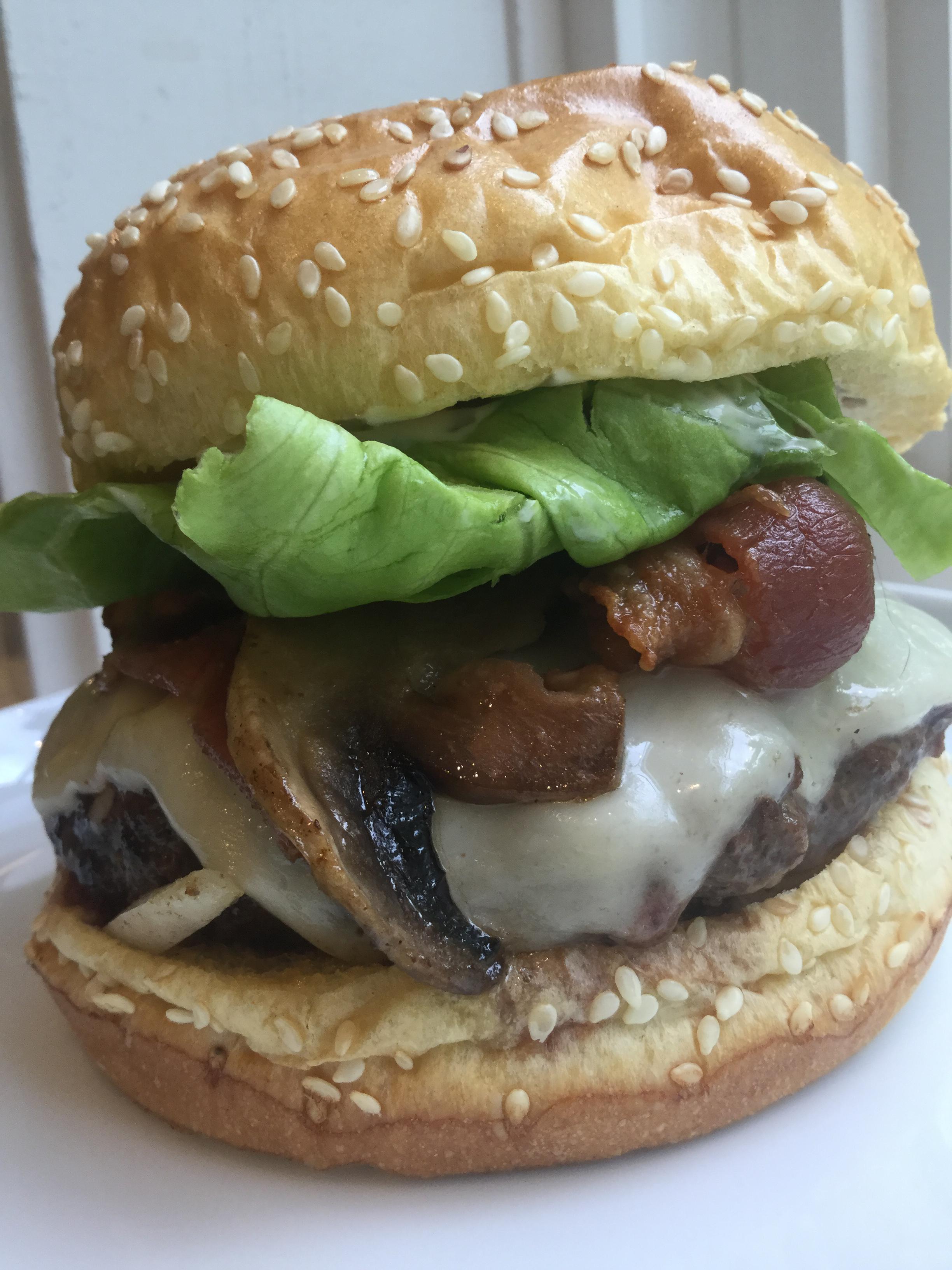 Bacon mushroom Swiss with sautéed onions,butter lettuce and basil ...