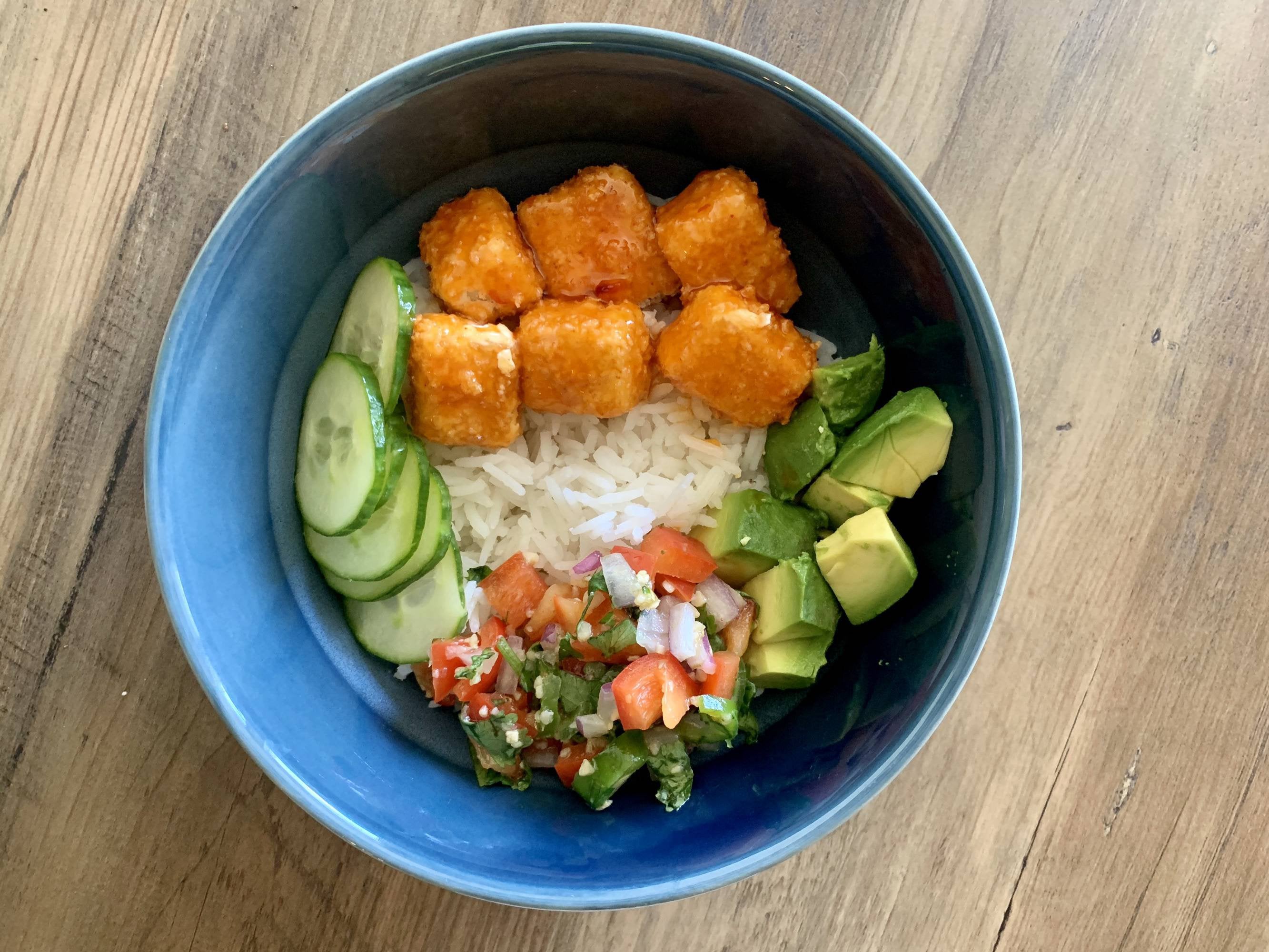 Crispy Sweet Chili Tofu With Basmati Rice Cucumbers Salsa And Avocado