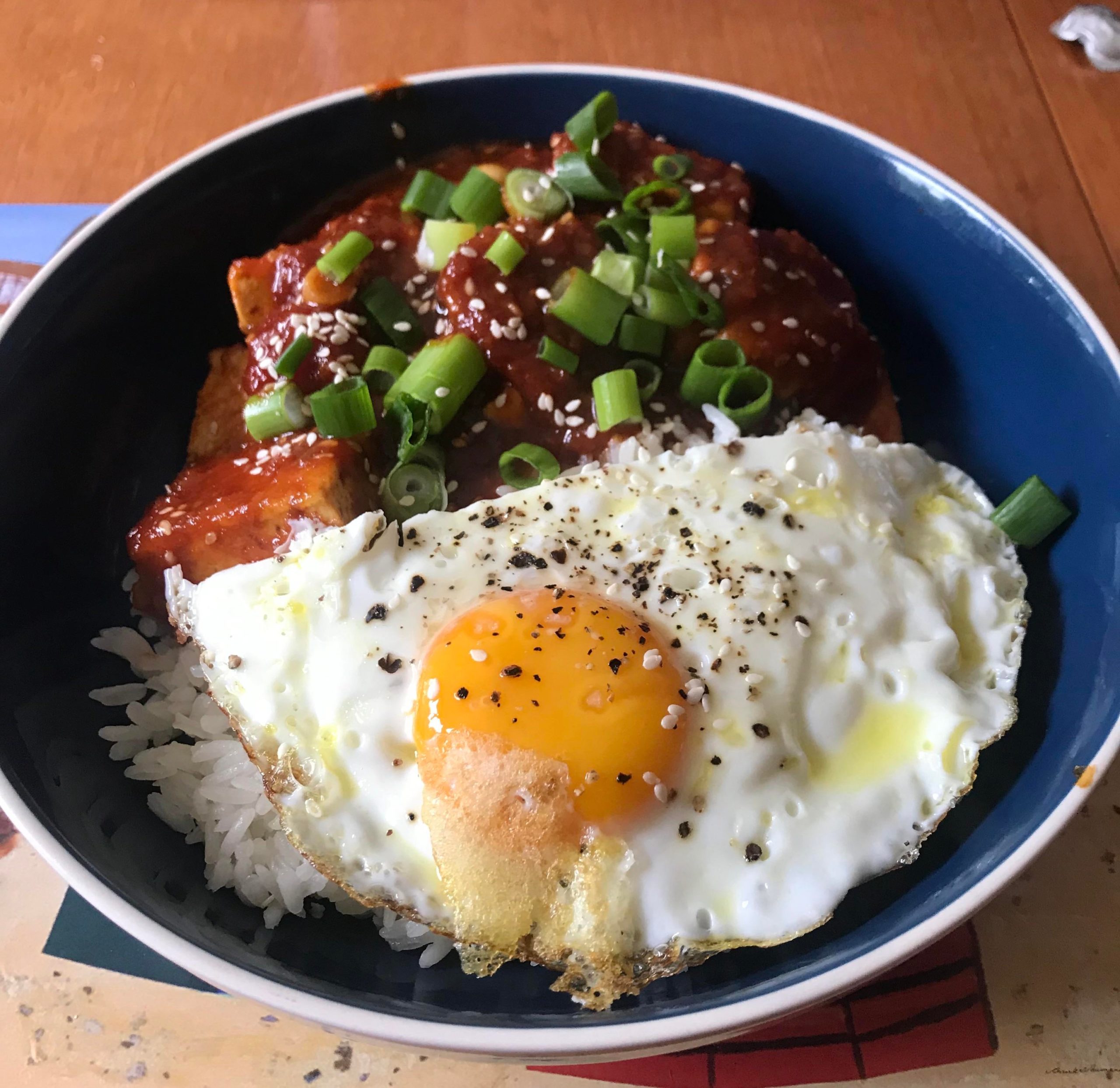 Korean BBQ-style tofu with sticky rice and a crispy fried egg - Dining ...