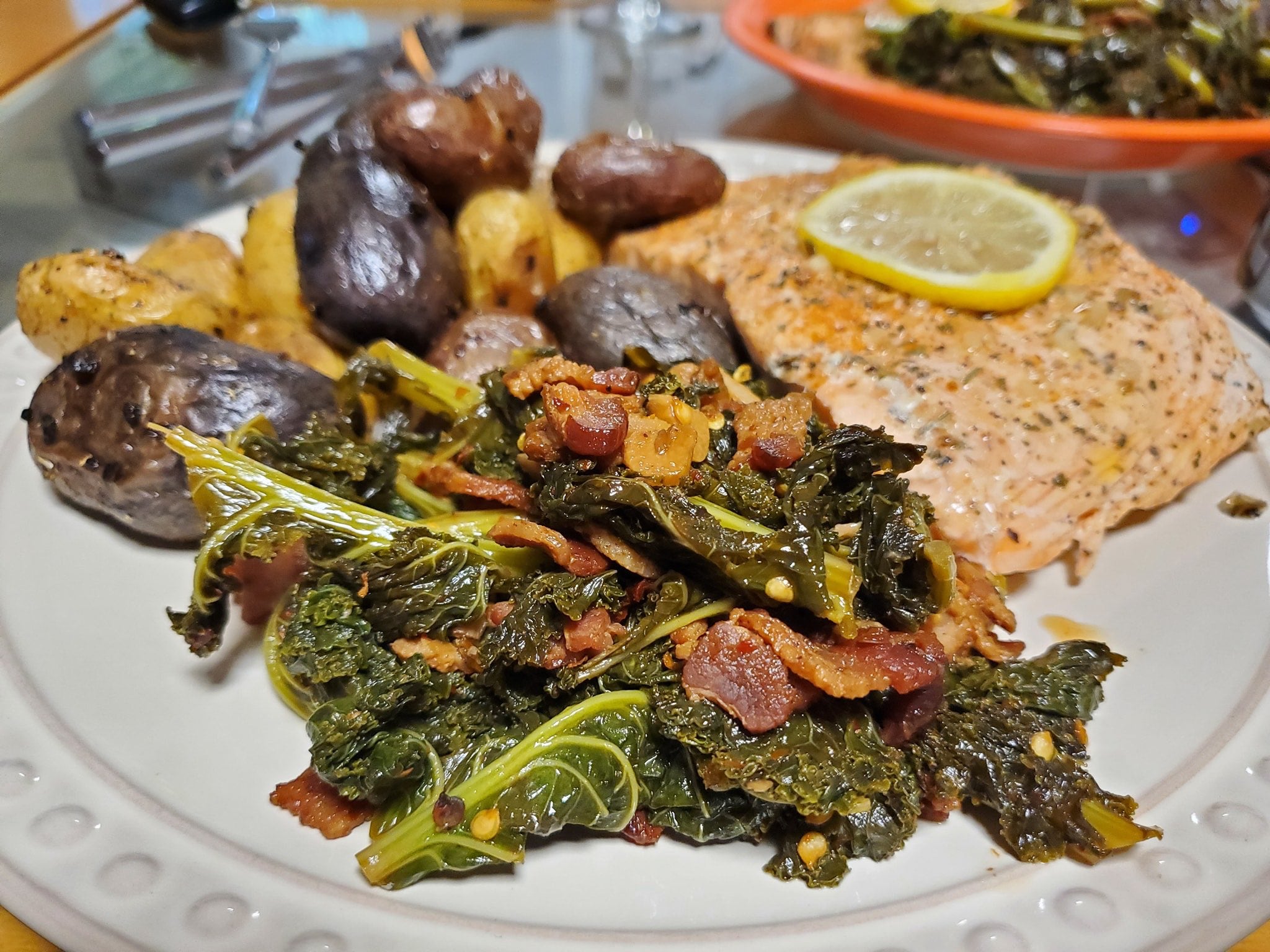 I cooked sauteed kale with garlic and bacon, roasted fingerling ...