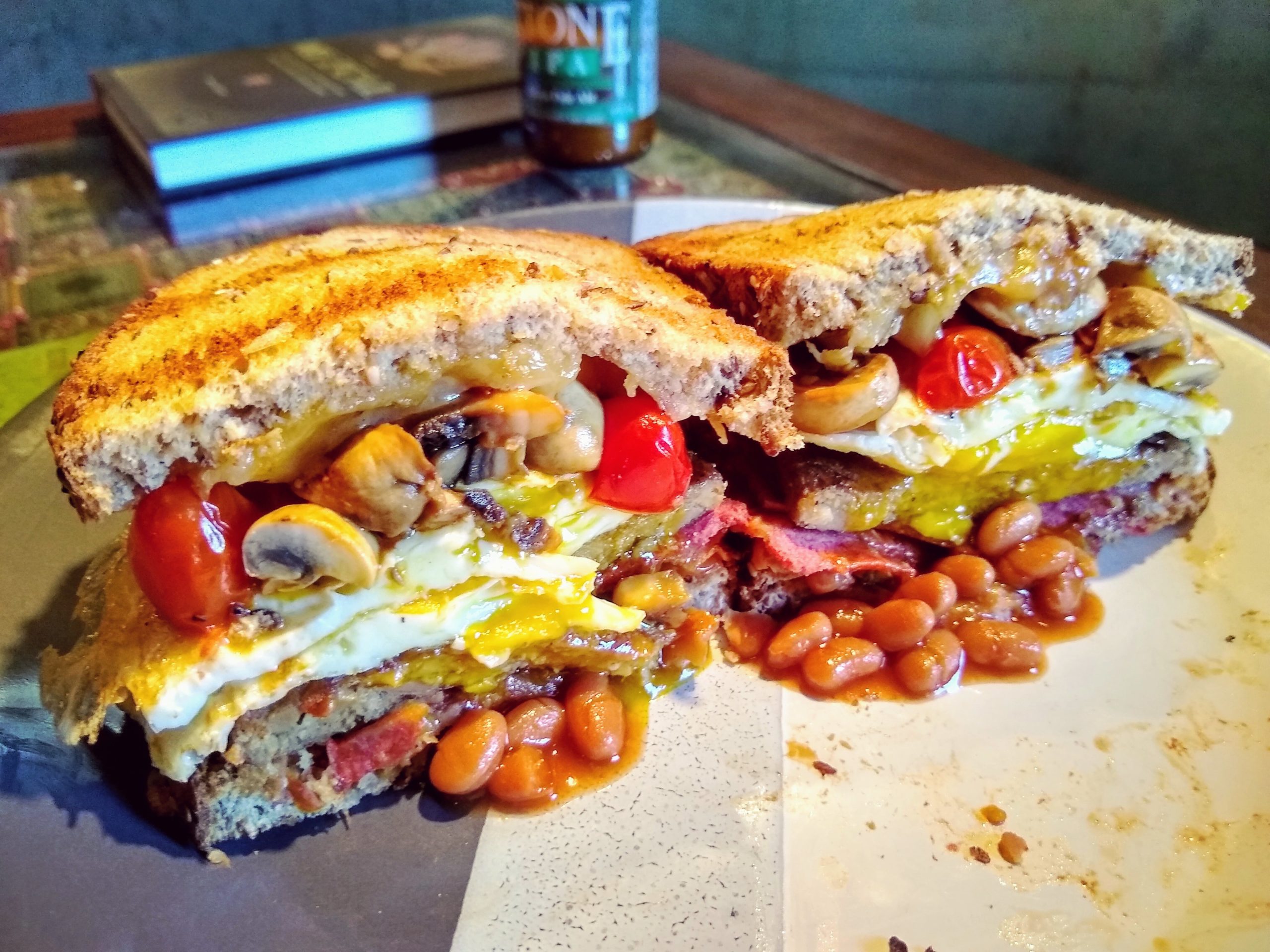 "Full English" breakfast in sandwich form (with veggie bacon & sausage