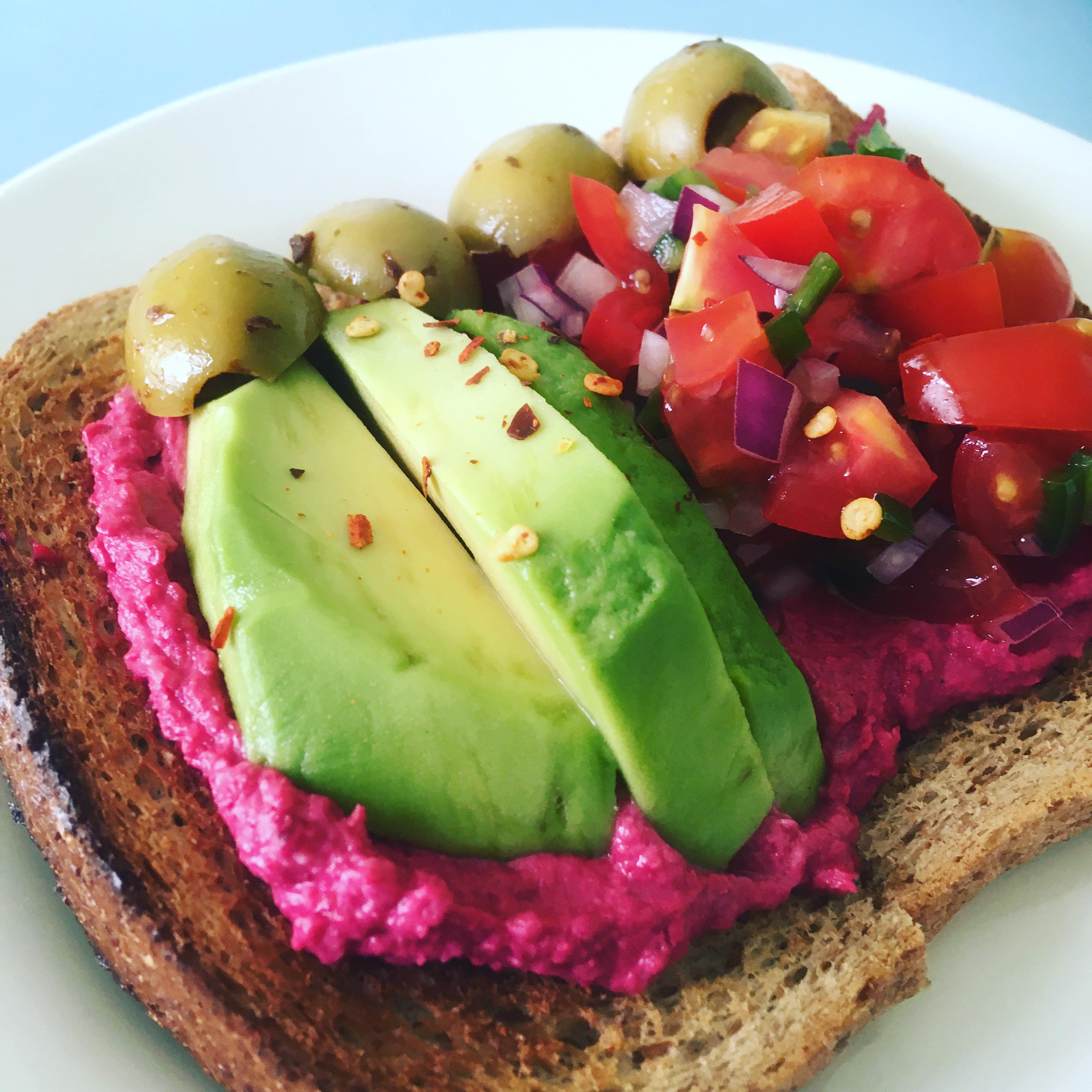 Avocado Toast With Salsa And Beetroot Hummus