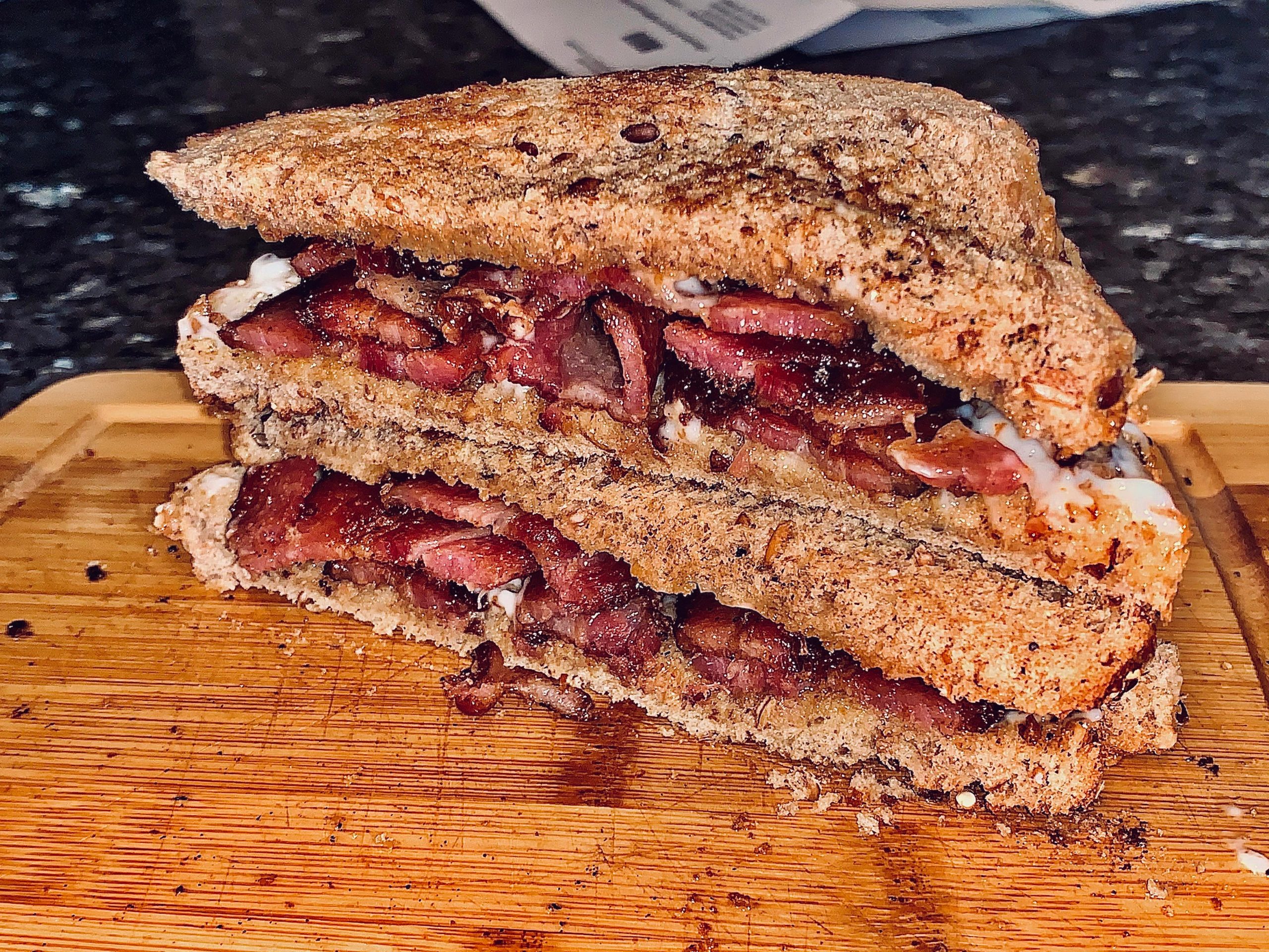 Thick cut costco bacon on 21 grain bread + a gallon of mayonnaise