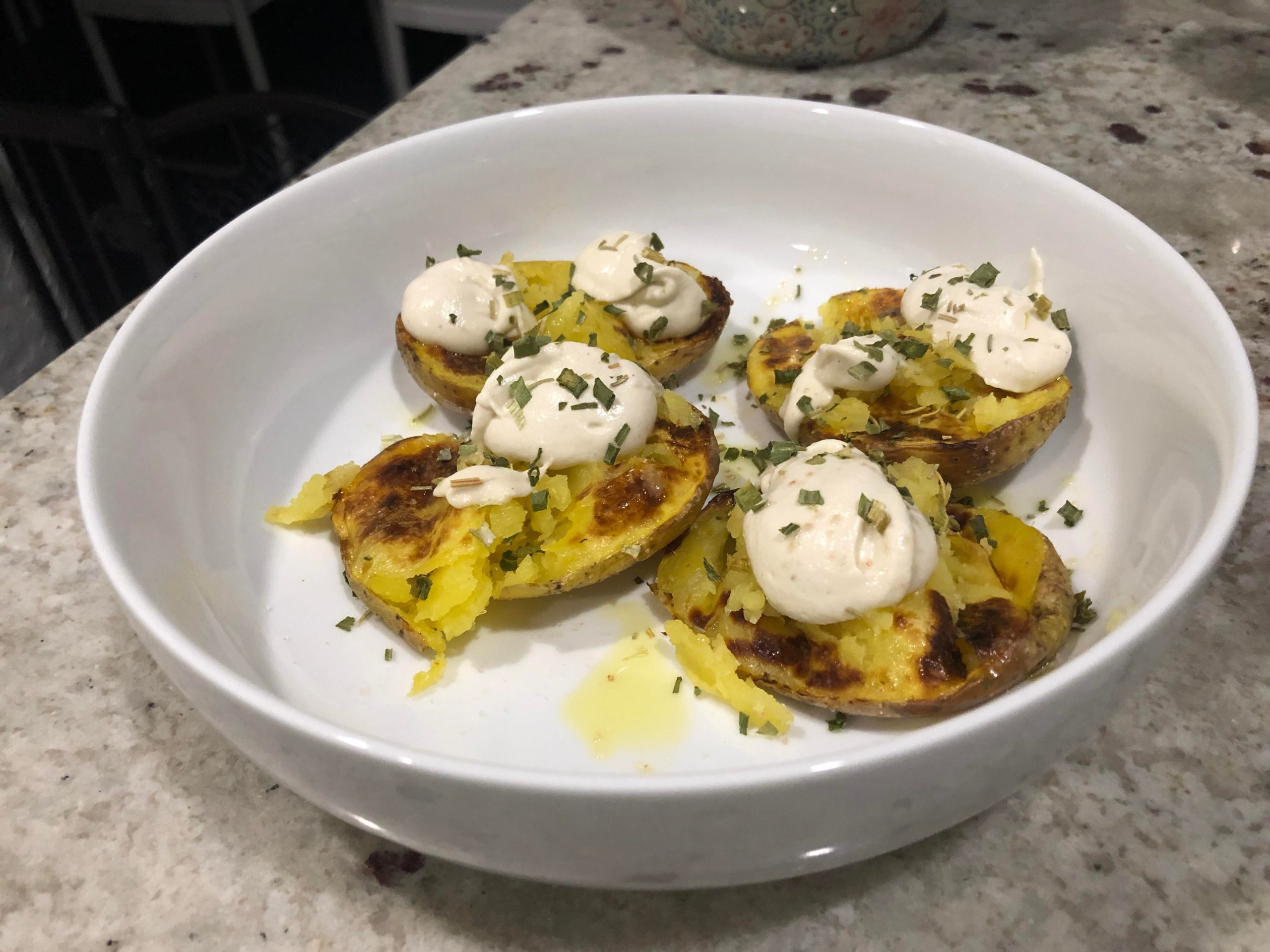 Baked Gold Potatoes With Olive Oil Cashew Cream And Chives Dining And Cooking