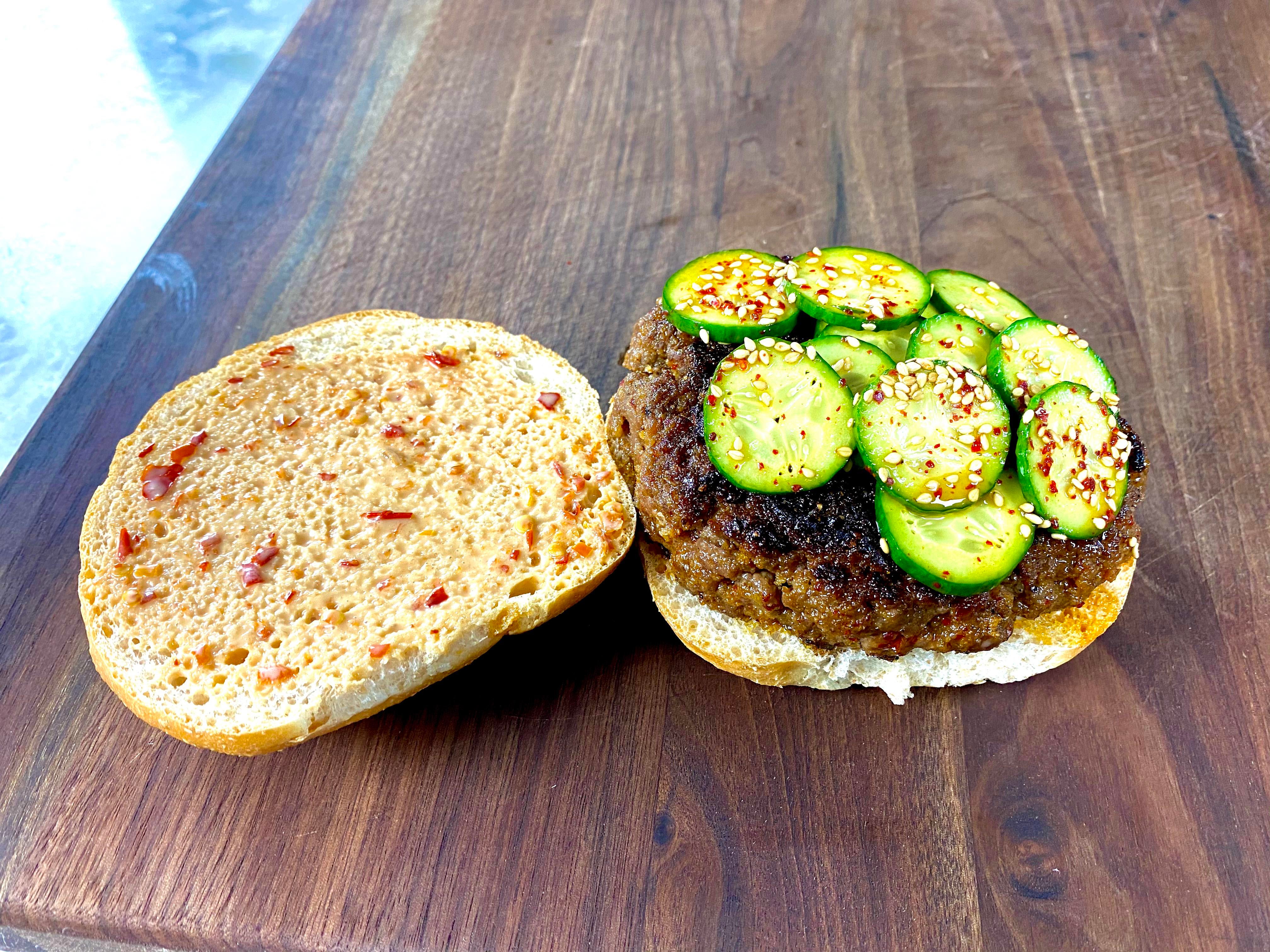 Korean Bulgogi Burger With Spicy Marinated Cucumbers Dining And Cooki