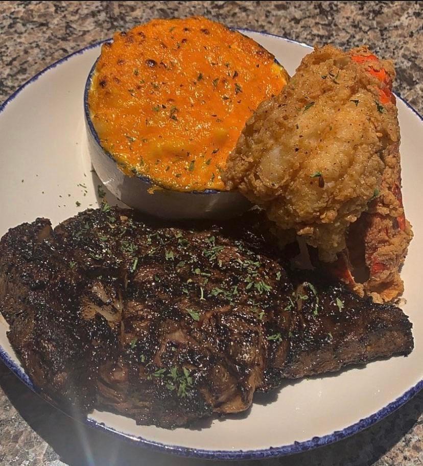 Beautiful Ribeye With Fried Lobster And Ma