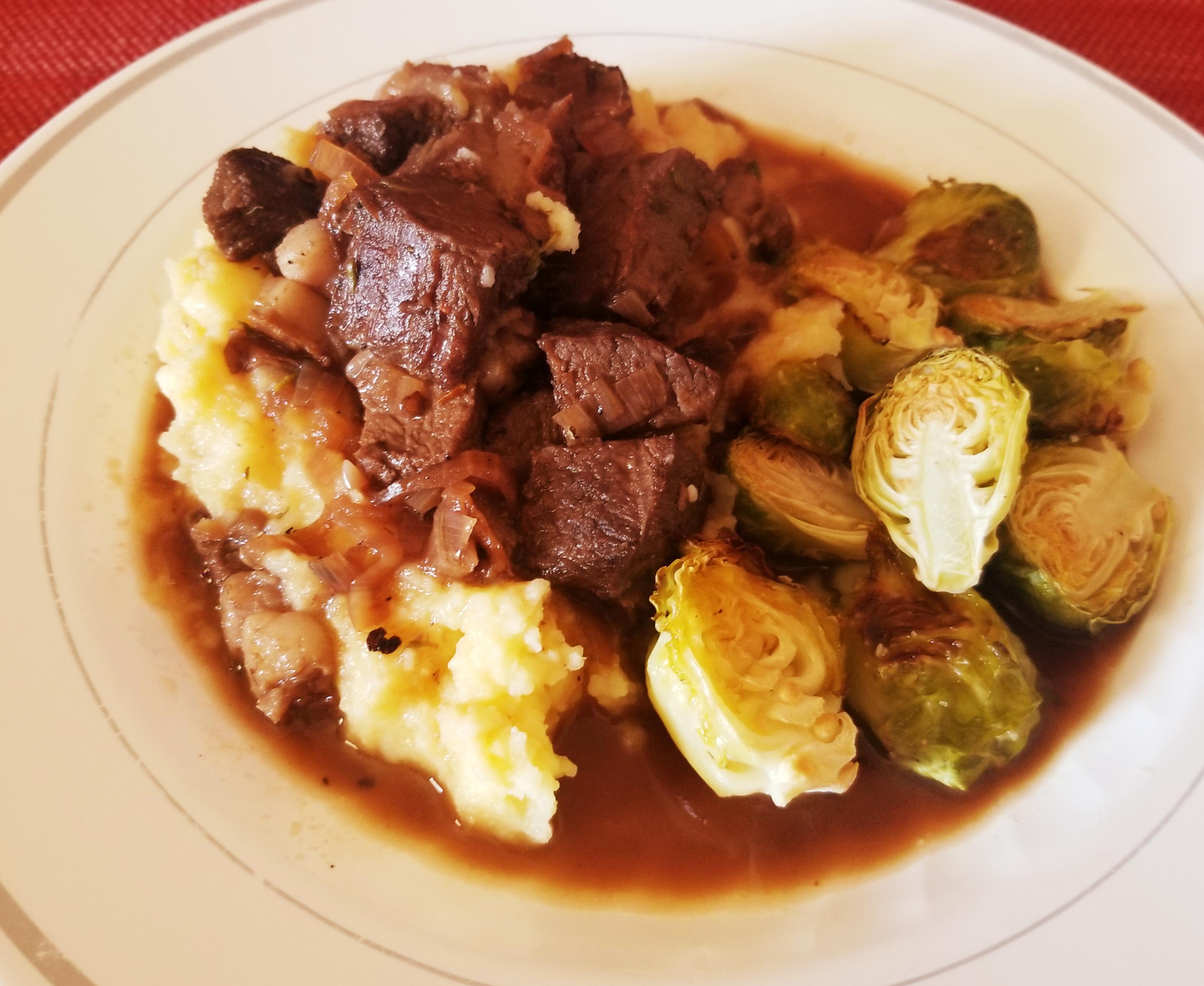 Beef Tips In A Red Wine And Shallot Gravy With Roasted Brussel Sprouts Dining And Cooking 