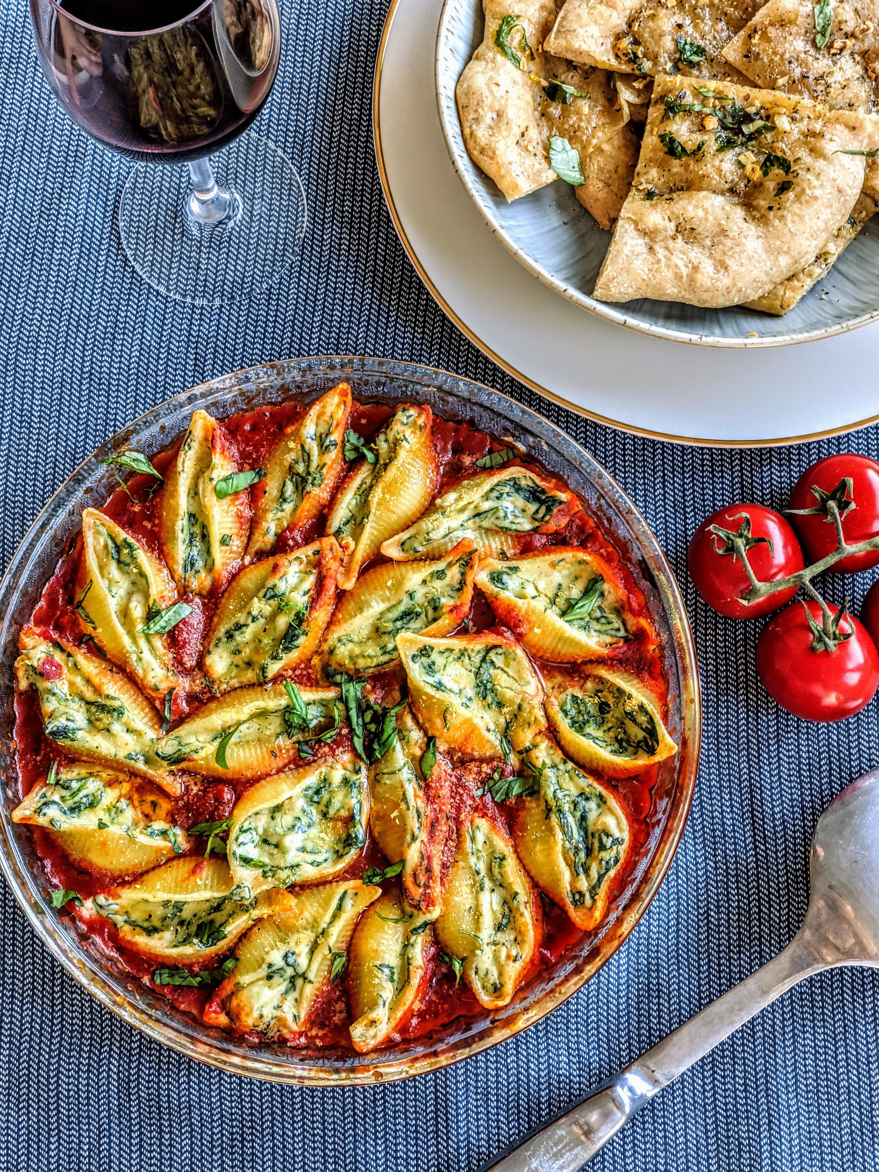 Vegan Baked Spinach & Ricotta Stuffed Conchiglie - Dining and Cooking