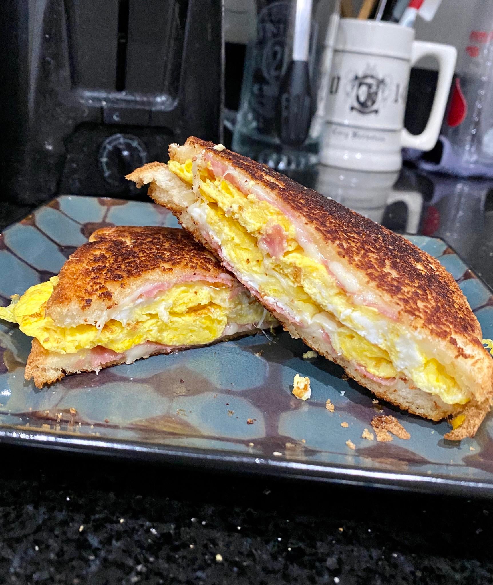 egg + salami + provolone cheese (bread looks a little too toasted but