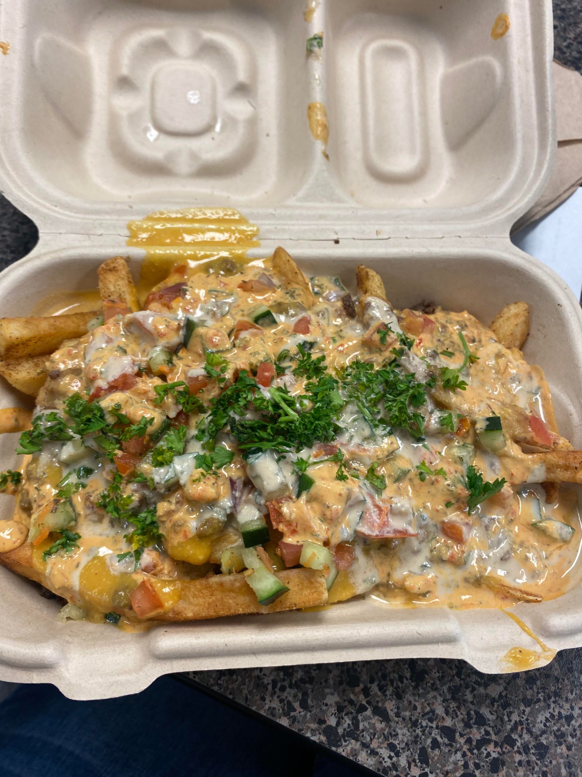 Loaded fries from a local vegan Egyptian street food restaurant