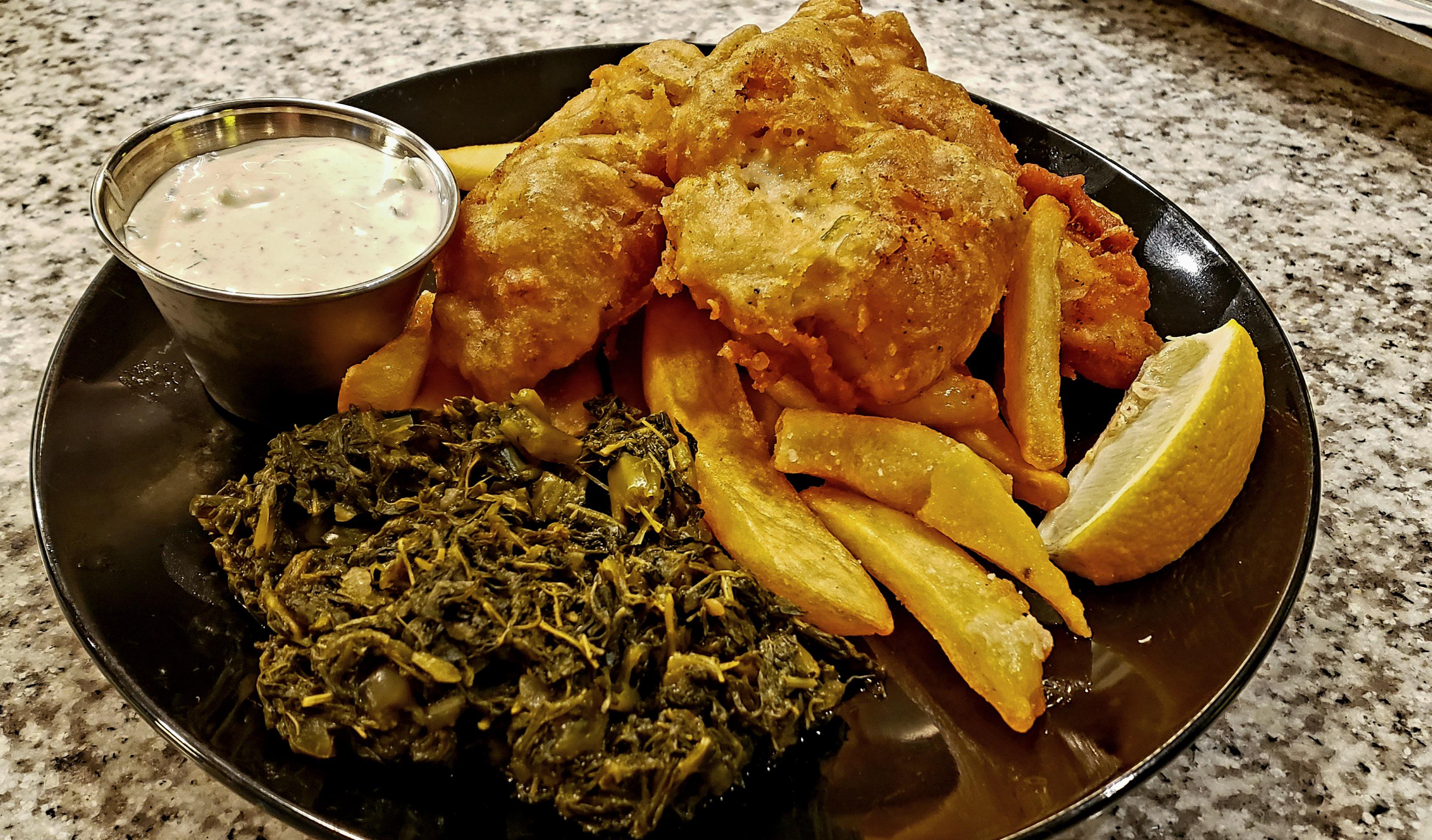 Beer Battered Fish Chips Plus Some Collard Greens For Fun Oh And