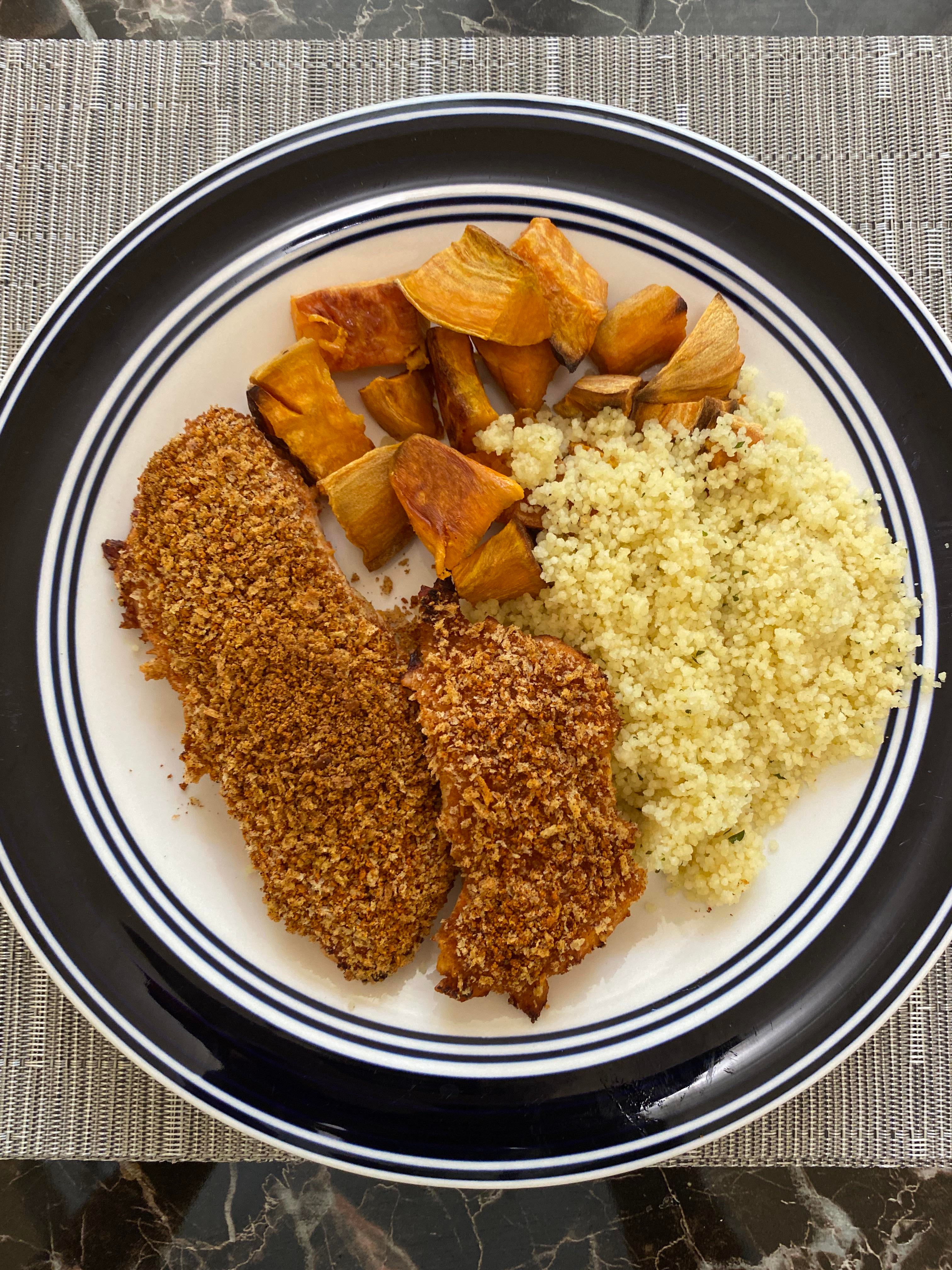 Parmesan crusted chicken, couscous, and roasted sweet potato! - Dining ...