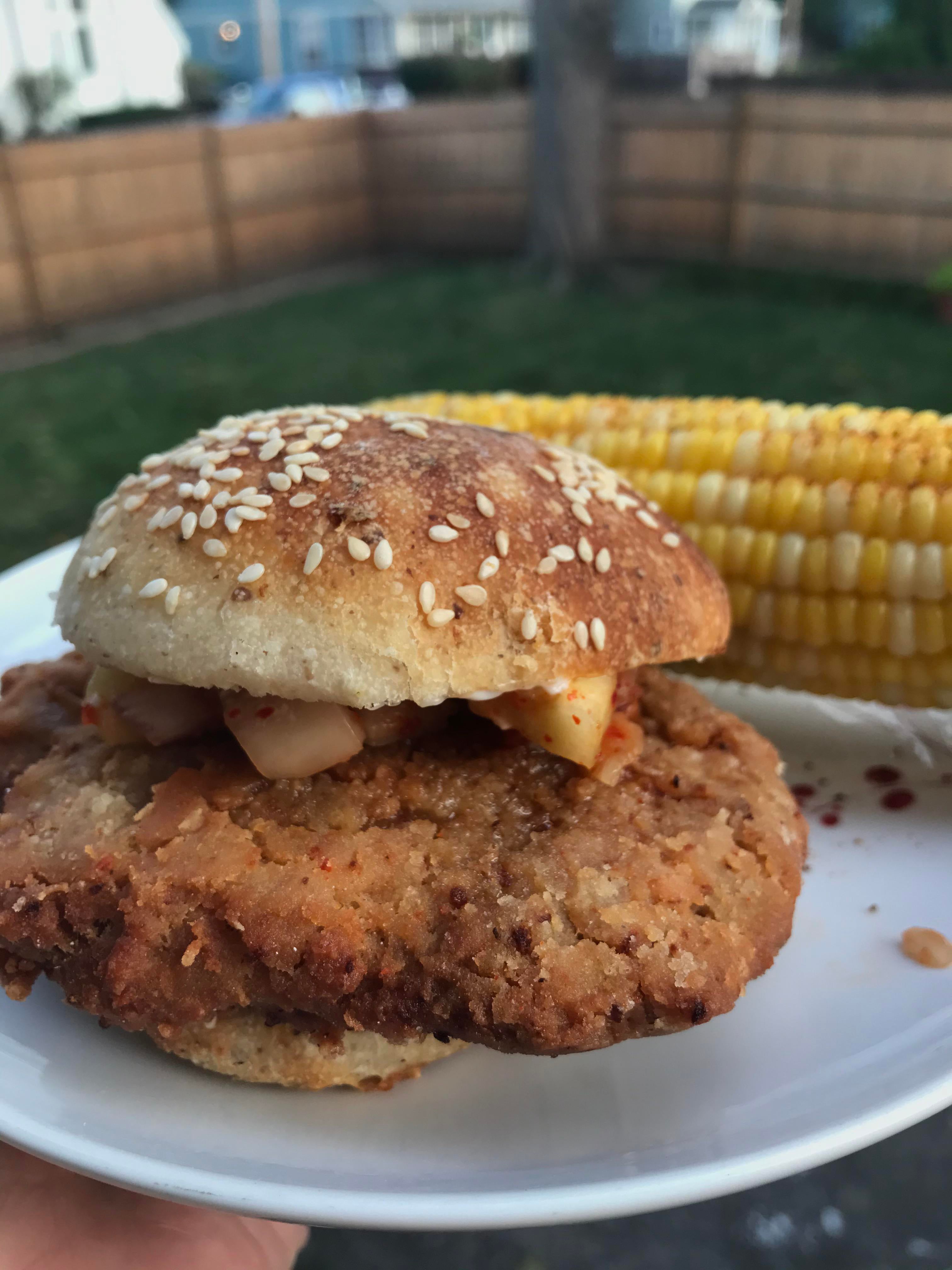 Korean Fried Chicken” Seitan Burger W A Cucumber Kimchi Relish