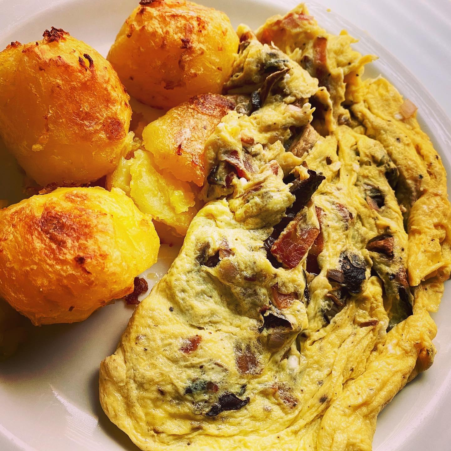 Mushroom Bacon Shallot Omelette with Crispy Potatoes Dining and Cooking