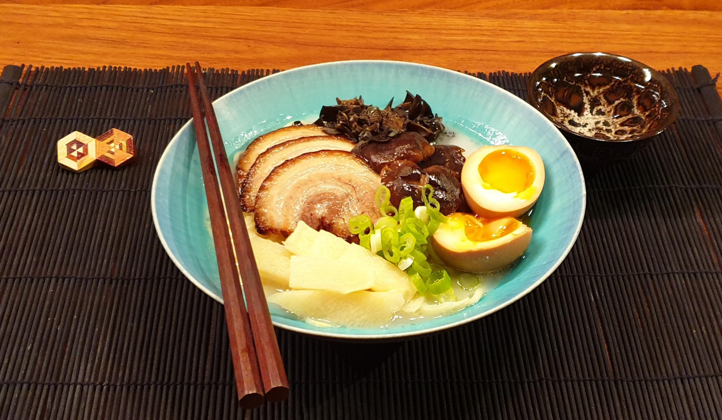 First Attempt Tonkotsu Ramen With Chashu Ajitama Shiitake Bamboo Shoots Black Fungus And Spring Onion Dining And Cooking