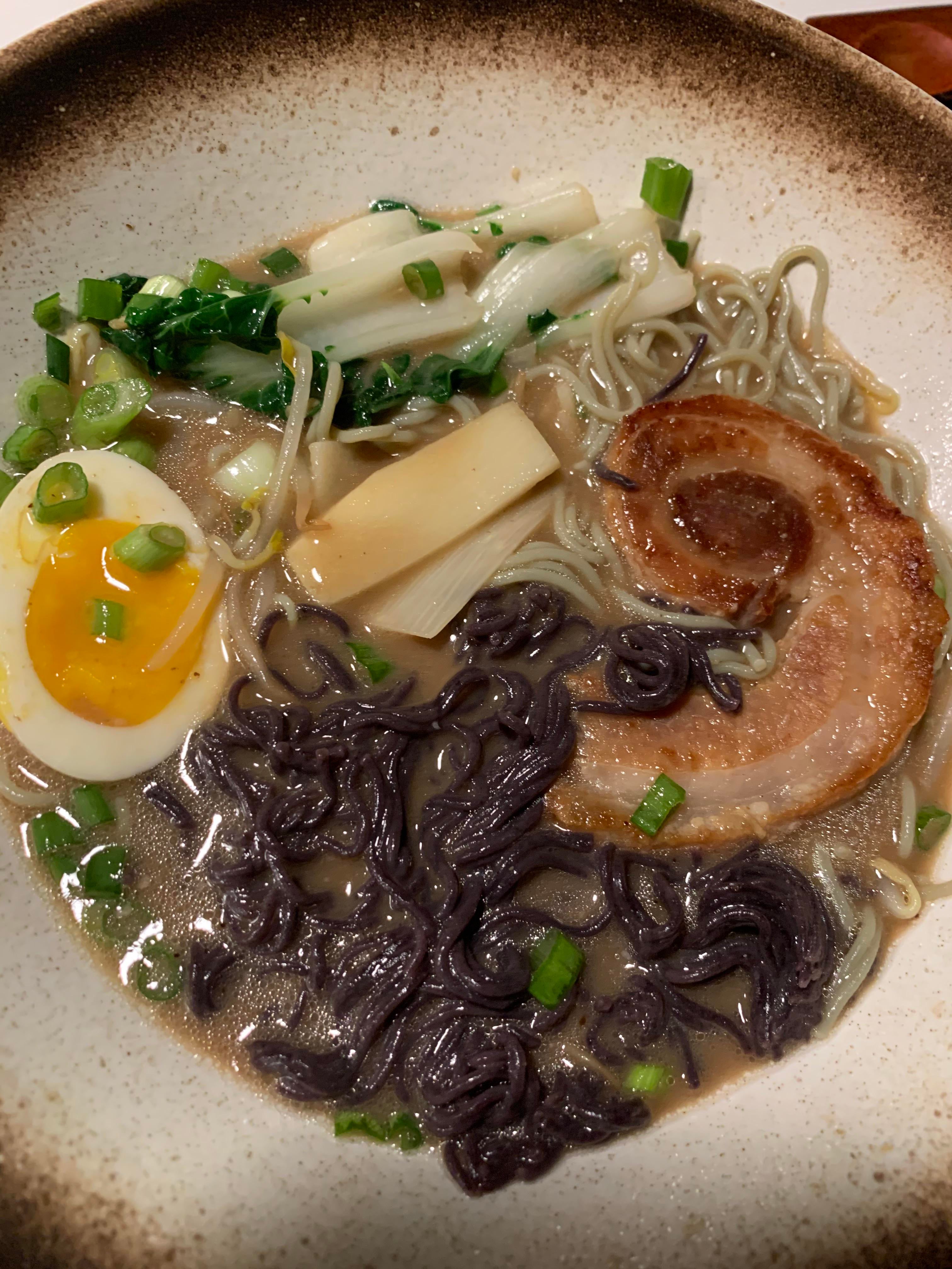 My First Attempt At Ramen This Is A Tonkosu Broth With A Black Garlic Miso Tare I Used The Momofuku Chasu Recipe Dining And Cooking