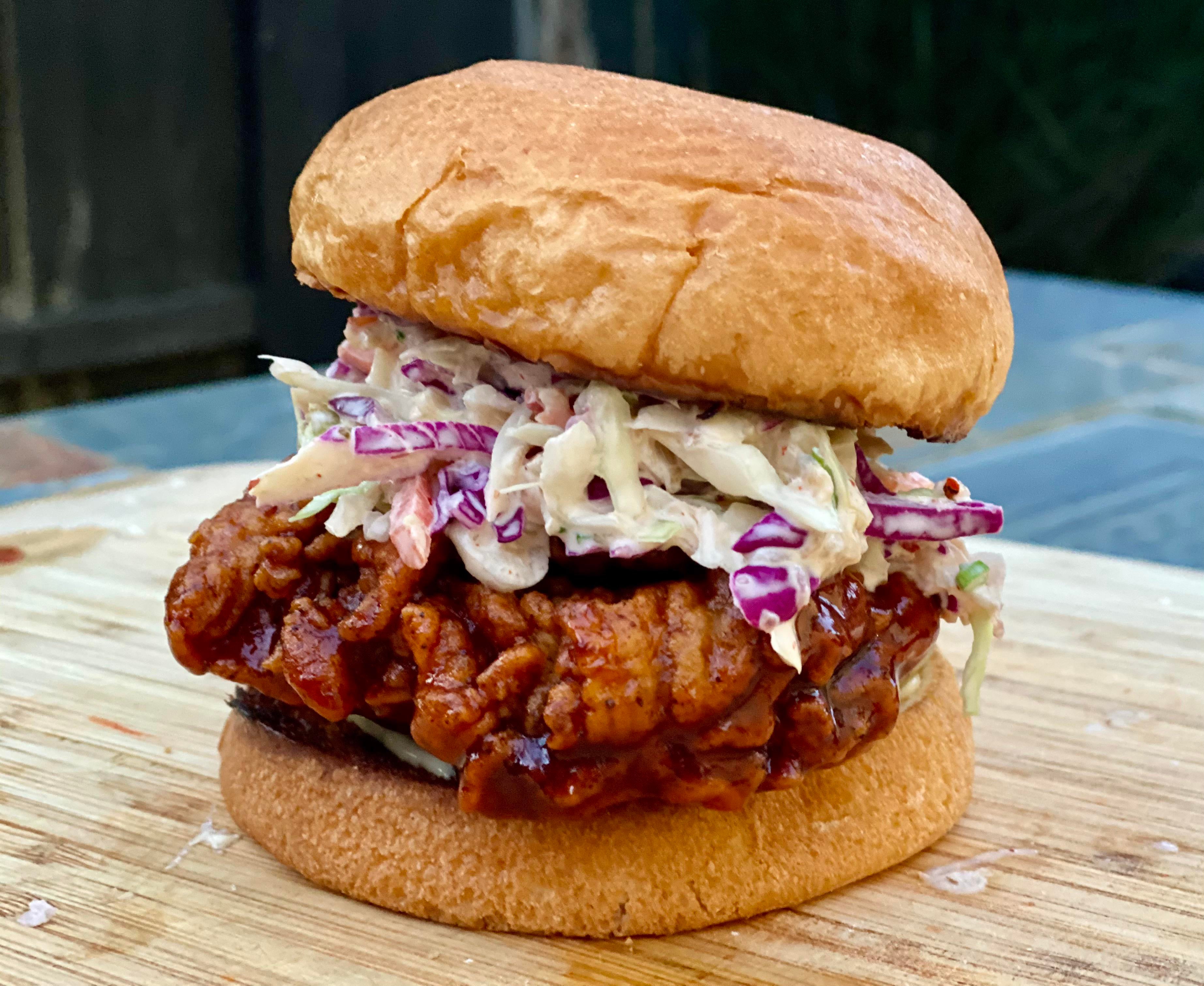 [homemade] Spicy Korean Fried Chicken Sandwich, Kimchi Slaw Dining