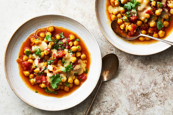 Instant Pot Tomato-Braised Chickpeas With Tahini