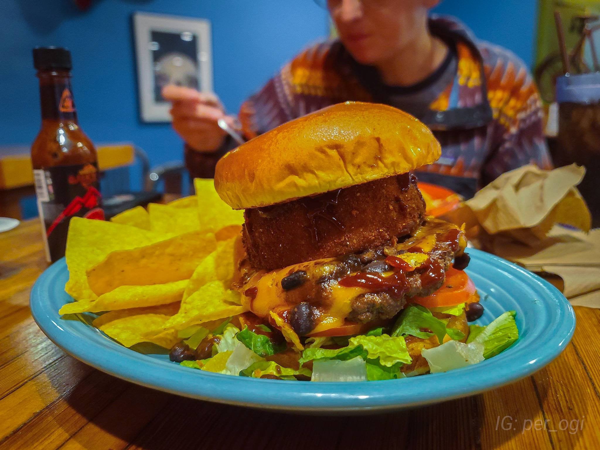 The "Queen B" Burger - lettuce, Roma, Colby longhorn cheese, black