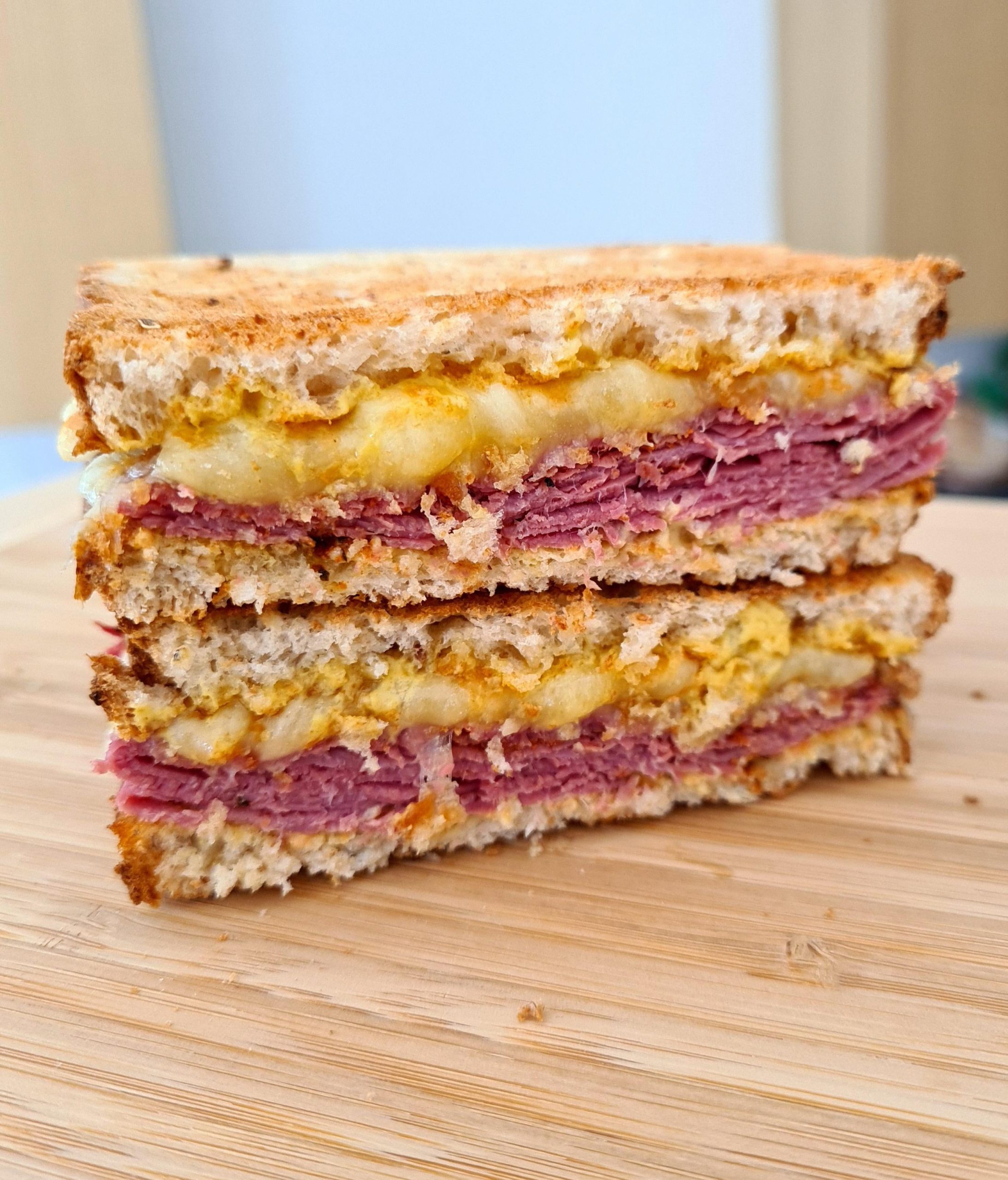 [OC] Pastrami and cheddar on toasted sourdough. Dining and Cooking