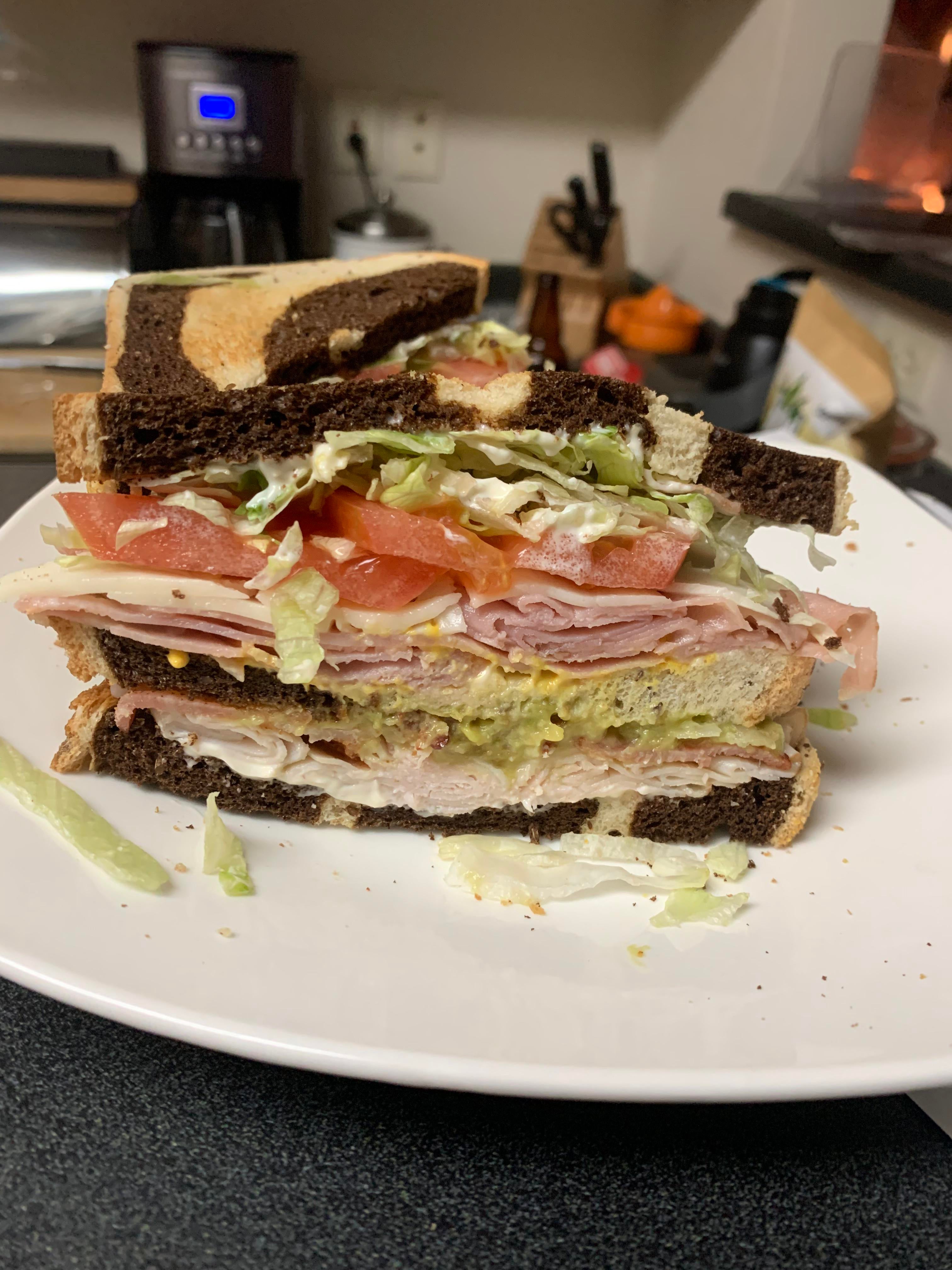 Club Sandwich - Marble Rye, Mayo, Turkey, Bacon, Avocado, Rye, Mustard,  Ham, Mozzarella, Lettuce, and Tomato! I was hungry. - Dining and Cooking