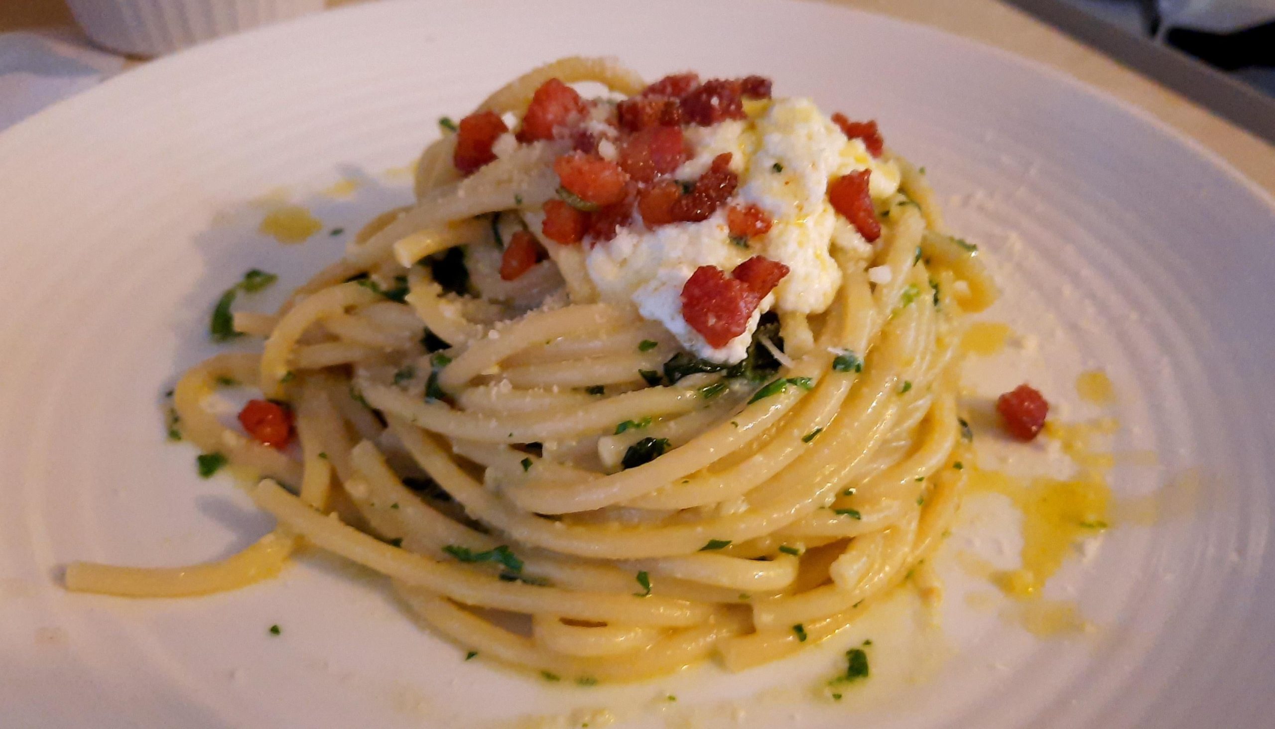 Bucatini and pesto, with whipped Ricotta and crispy pancetta - Dining ...