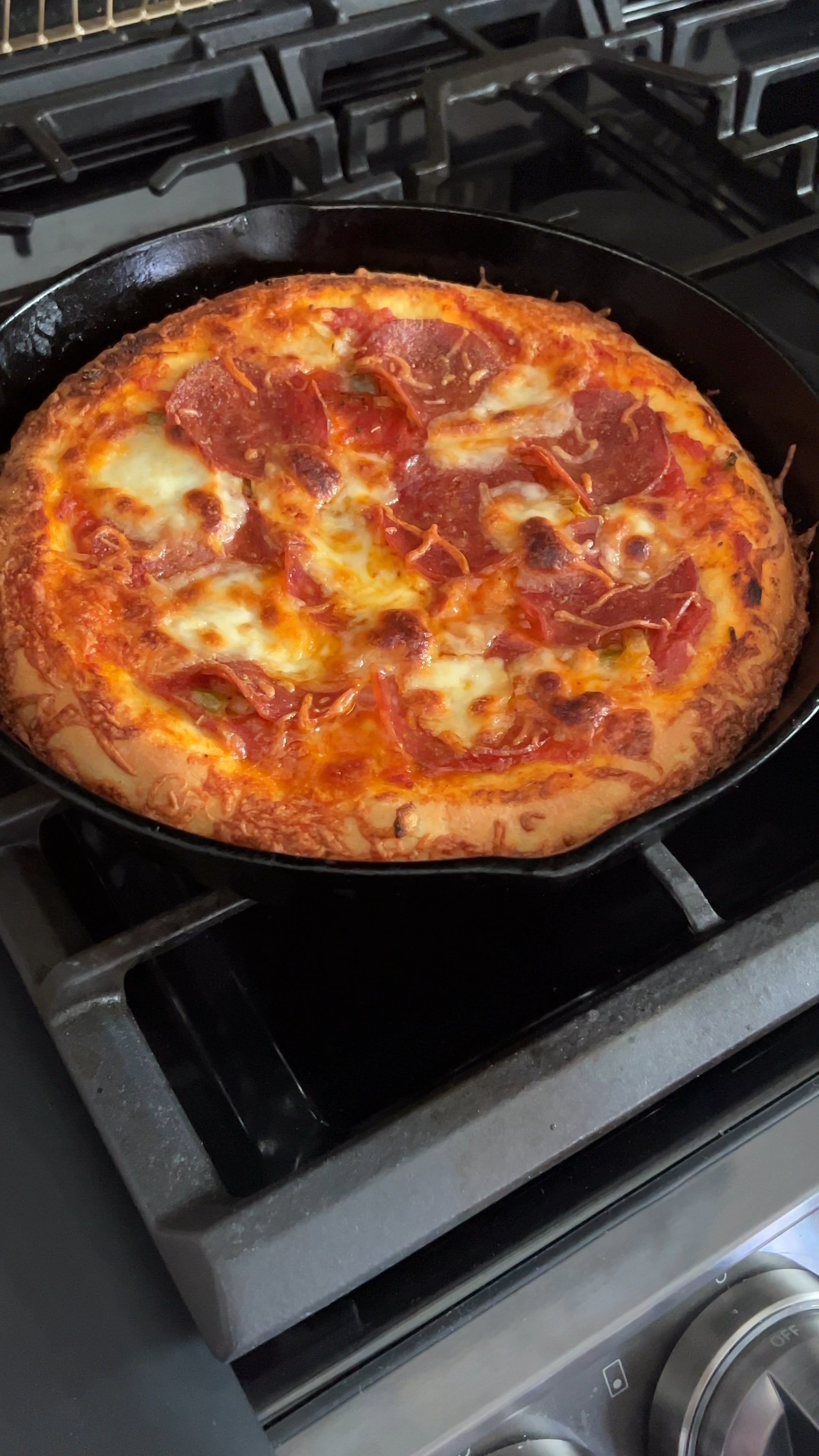 Cast iron pan pizza. Used Trader Joes dough. Dining and Cooking