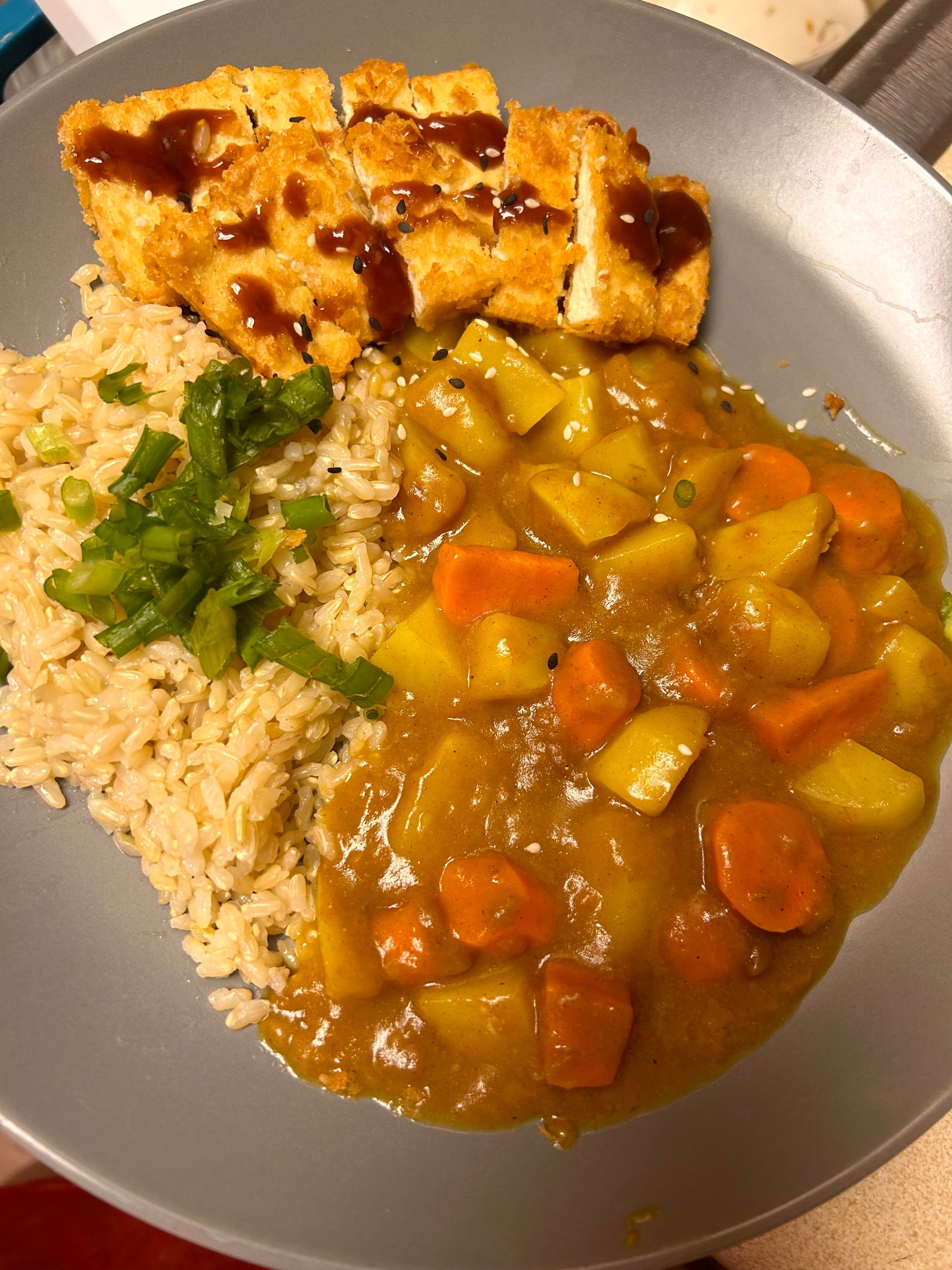 Tofu katsu with tonkatsu sauce and Japanese curry with brown rice ...