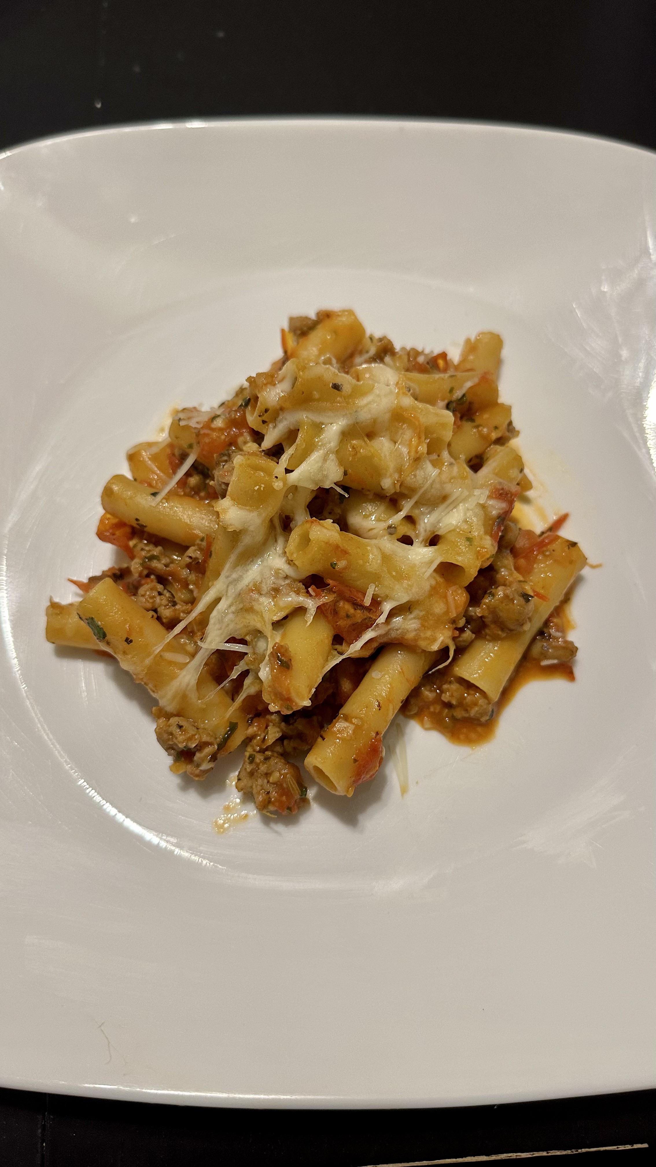 Baked ziti with zesty Italian sausage. - Dining and Cooking