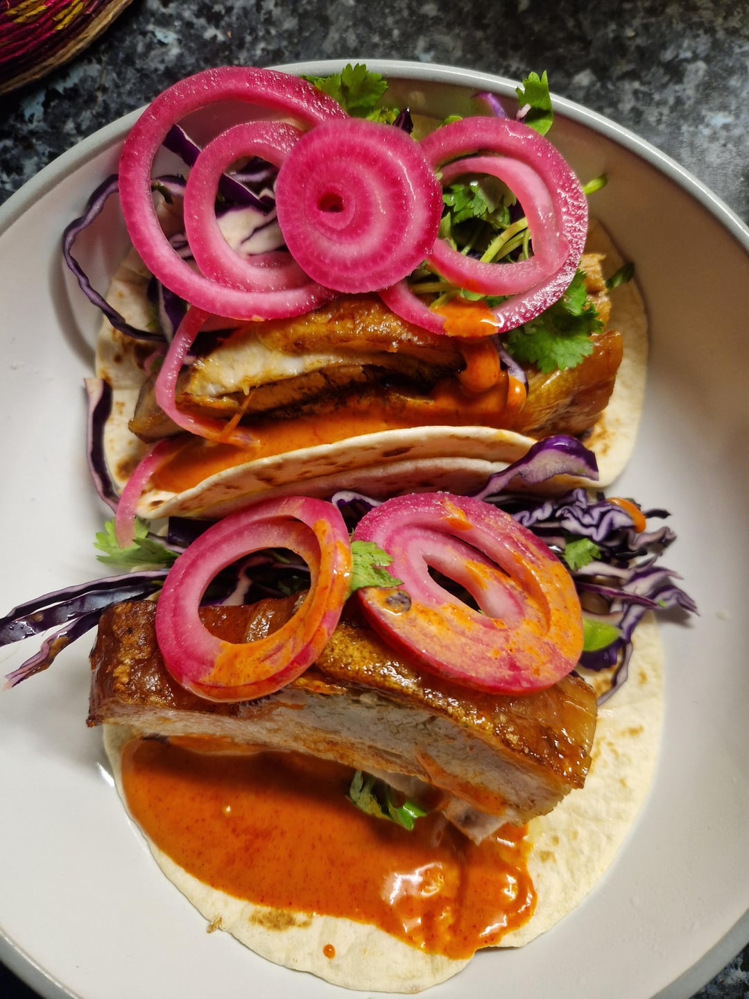 Chipotle pork belly tacos with gochujang mayo Dining and Cooking