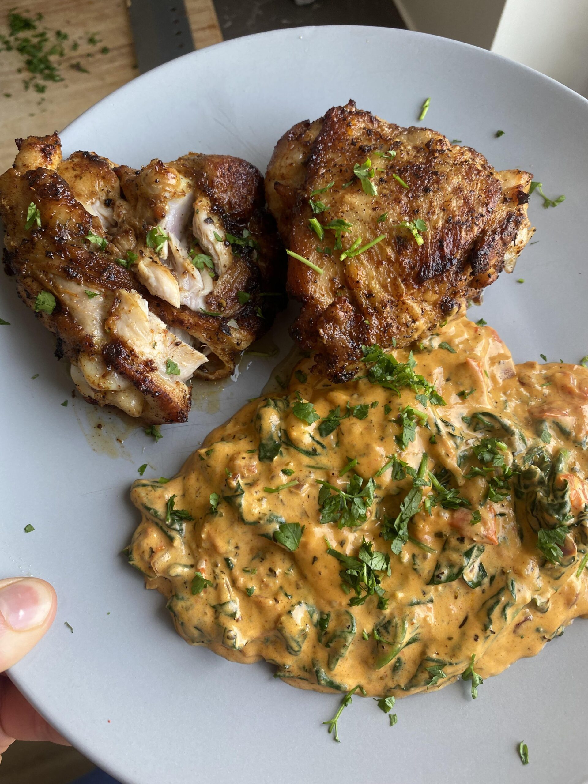 Pan seared chicken thighs with creamy spicy Tuscan sauce Dining and