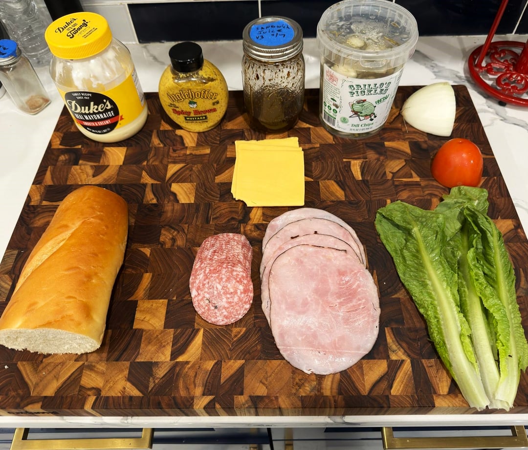 [homemade] ham, salami and american w/spicy brown mustard, mayo, lettuce, tomato, onion, dill