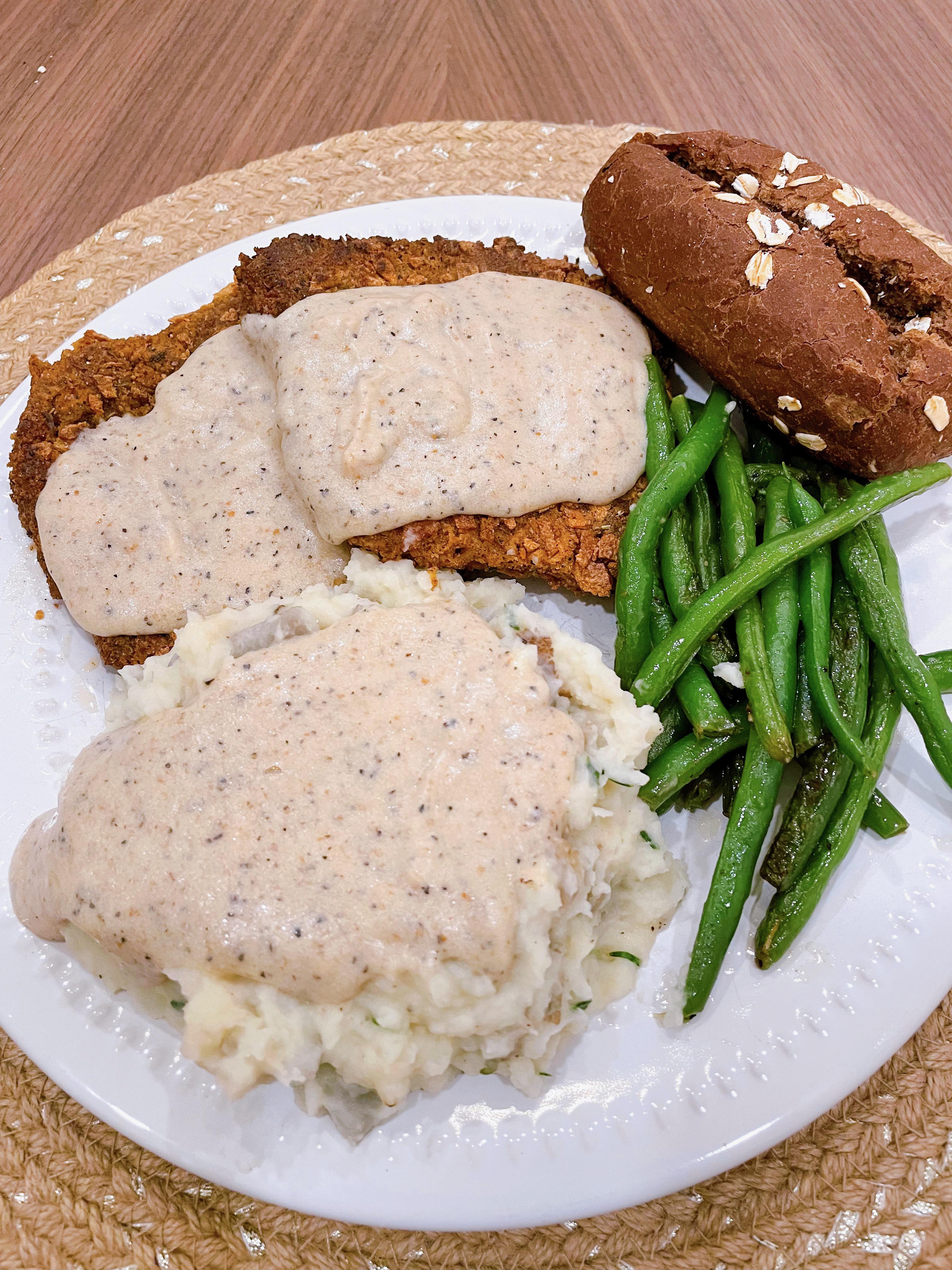 chicken fried ‘steak’, white gravy, mashed potatoes, garlic green beans ...