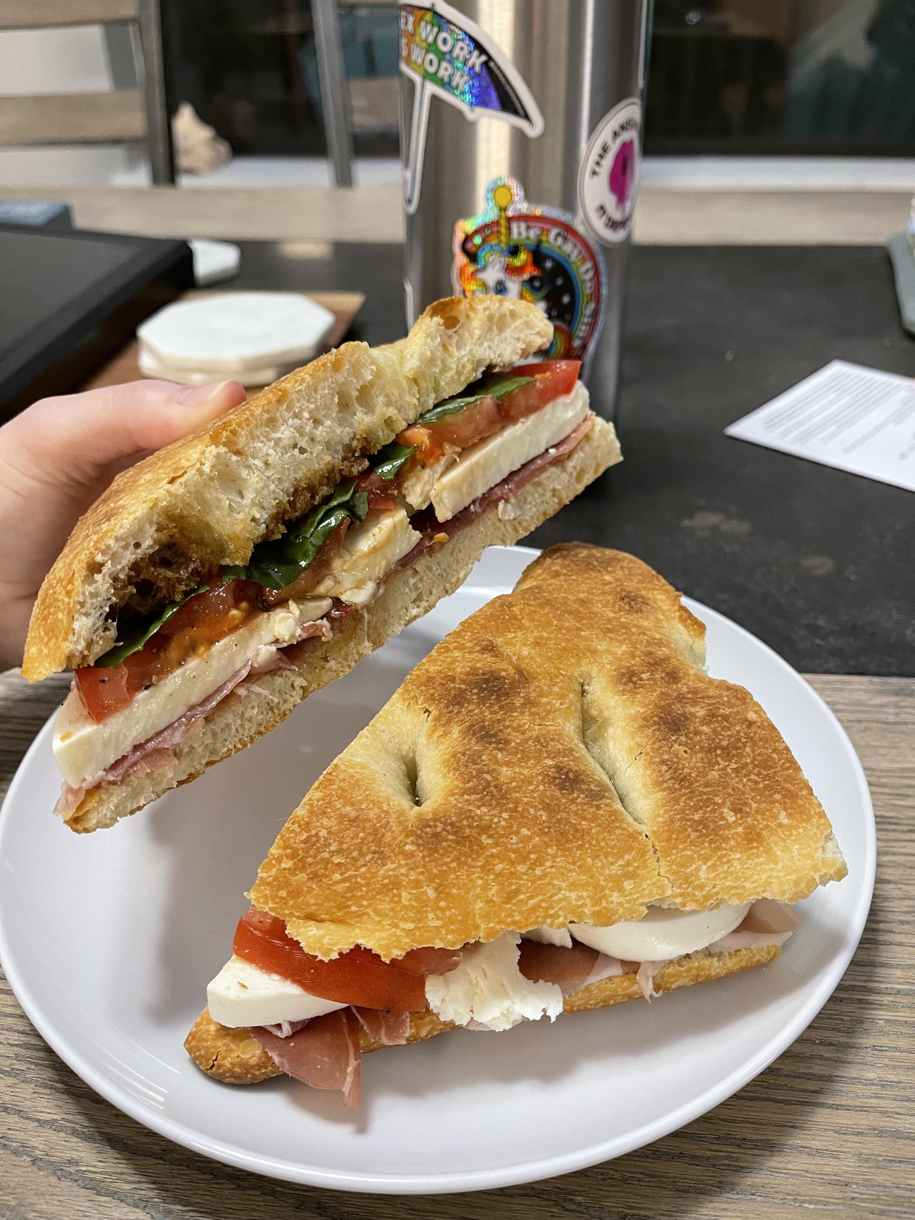 Caprese Panini On Focaccia With Tomato Mozzarella Proscuitto Basil Olive Oil And Balsamic