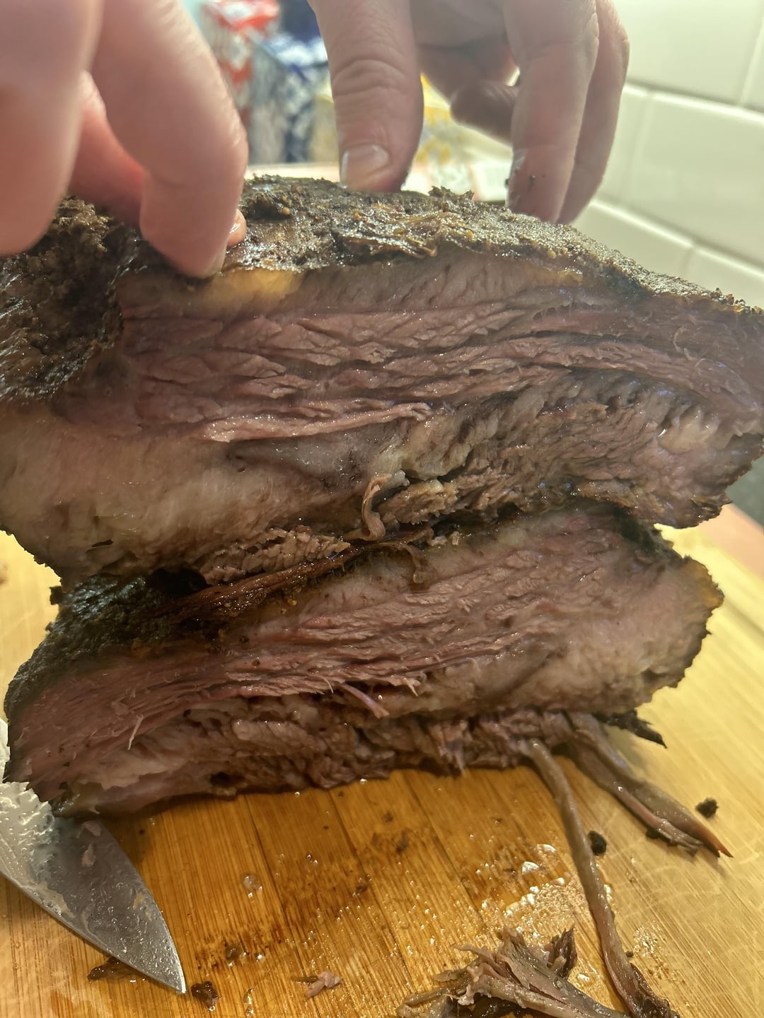 First Brisket on the BGE 4 hours unwrapped at 275 to 155 internal, 11