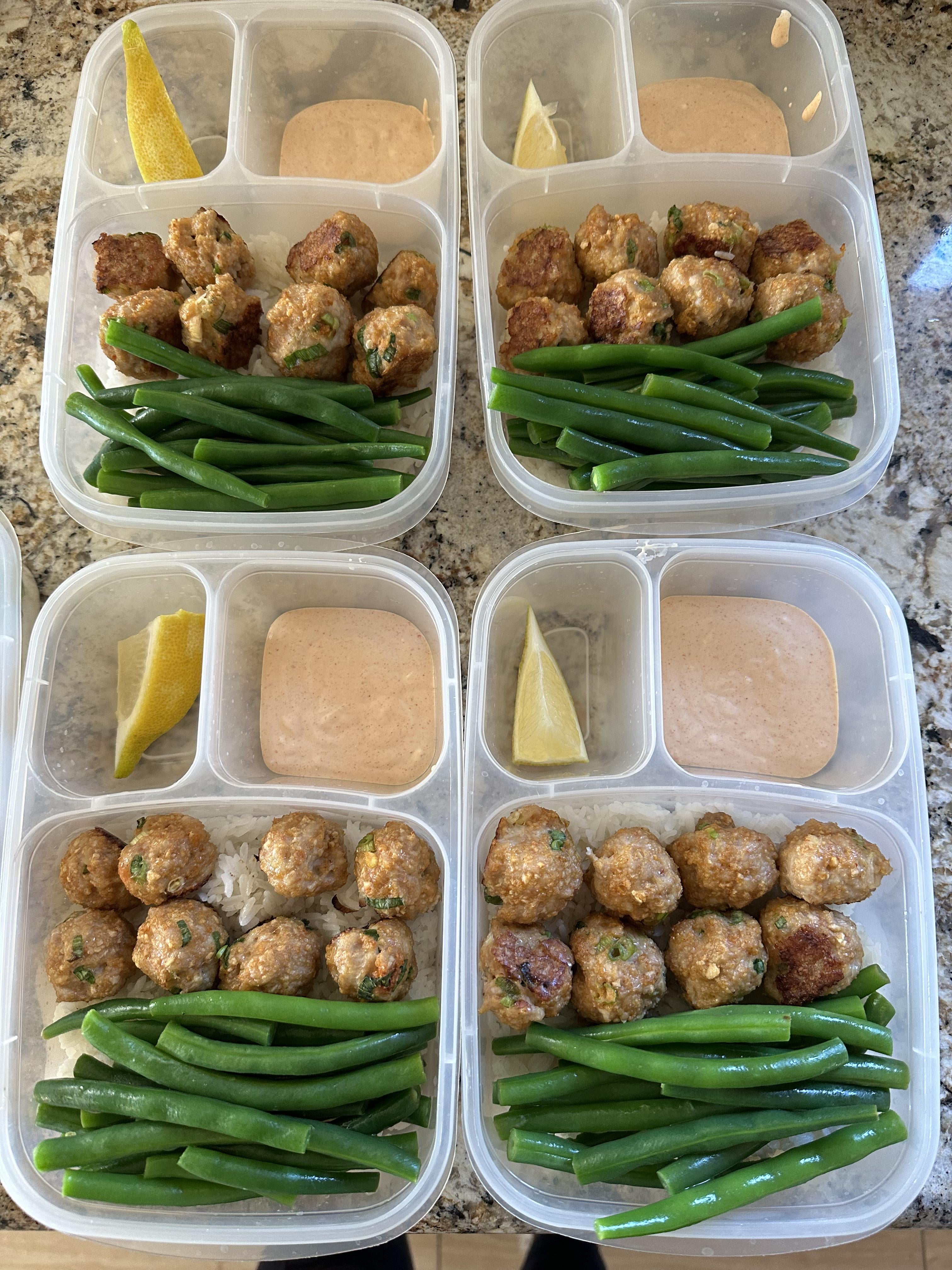 Firecracker meatballs + sauce, blanched lemony green beans, and jasmine