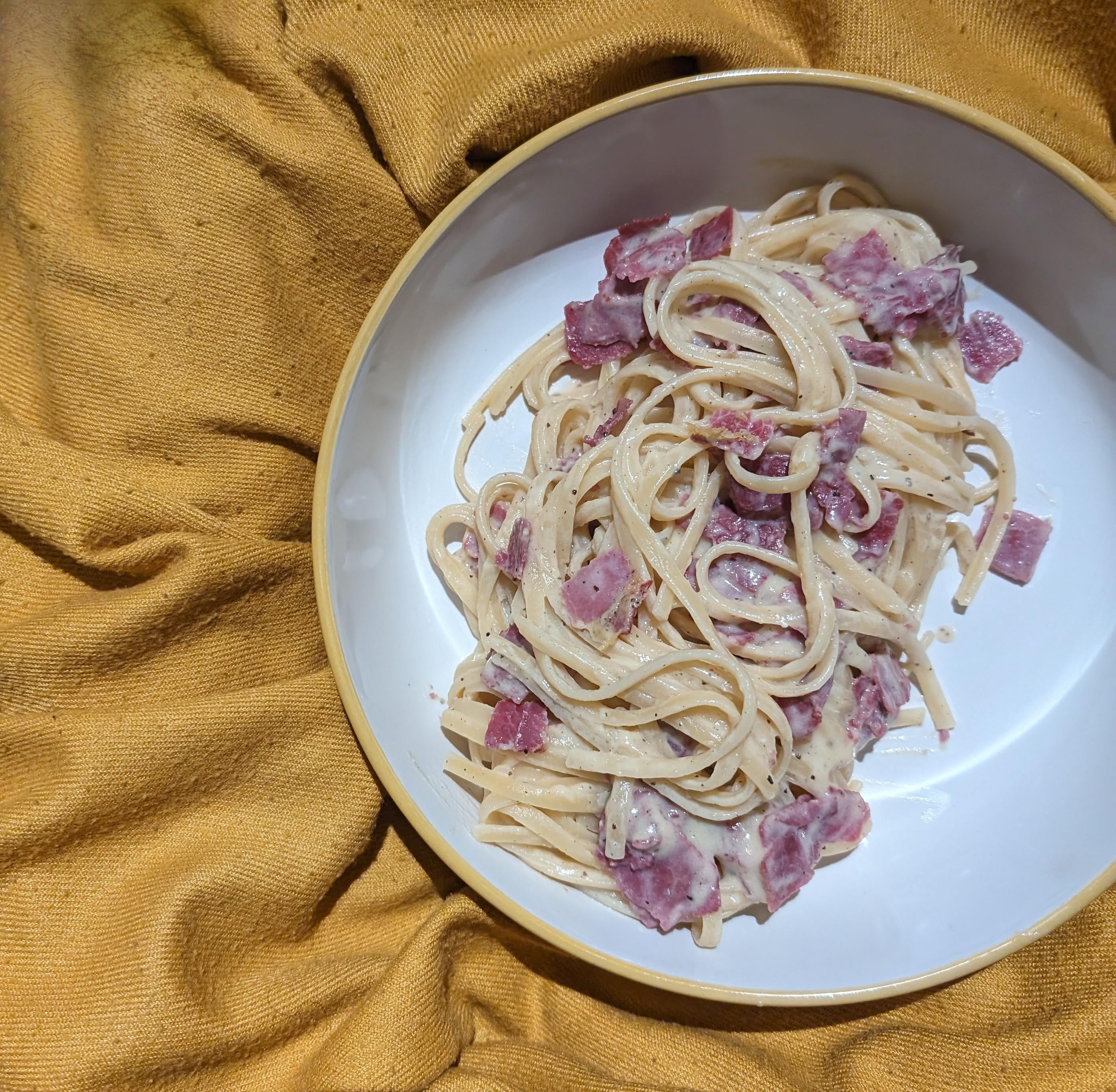 No Pork (Pastrami) Carbonara Dining and Cooking