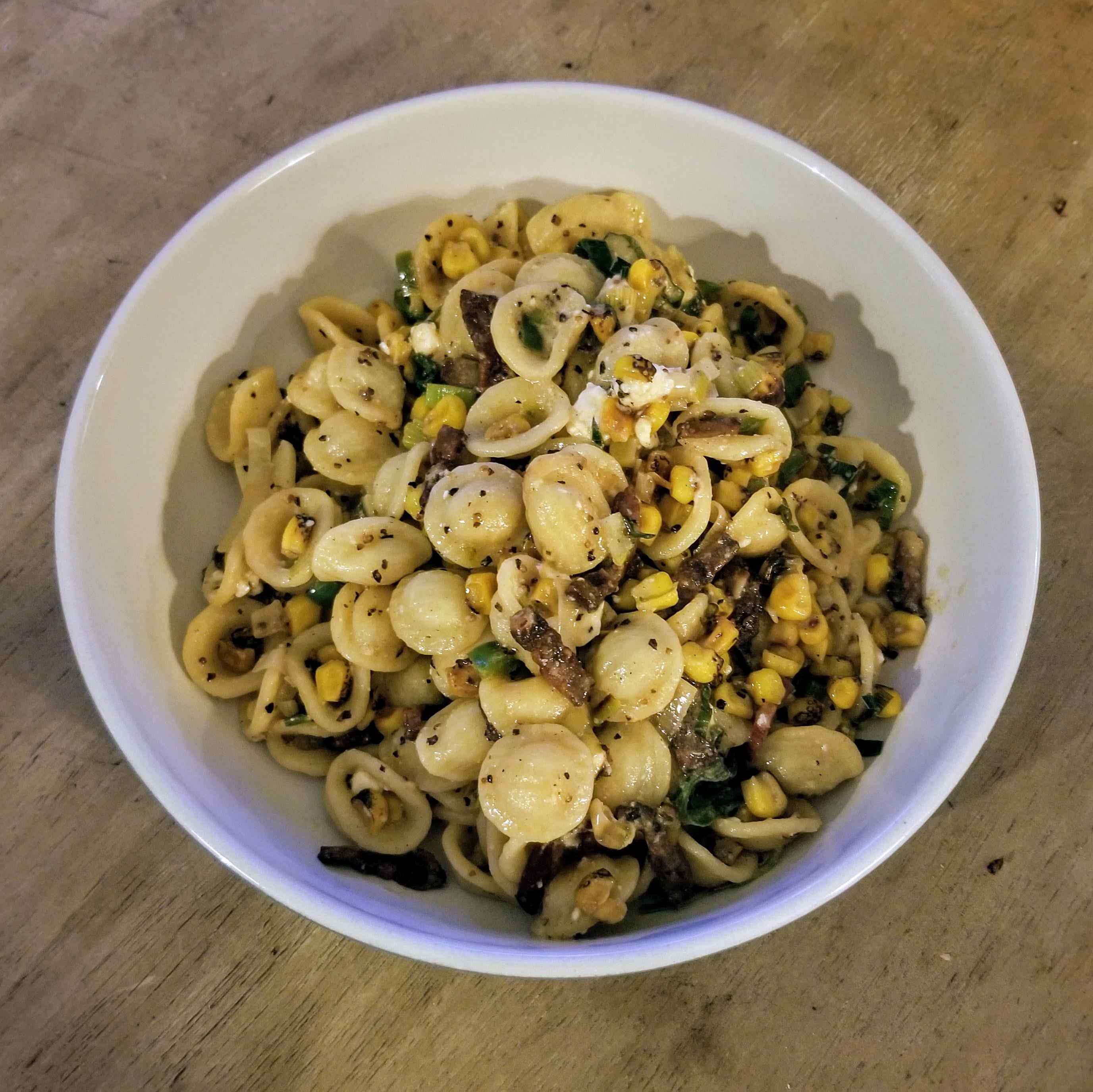 Orrechiette with Pepper Bacon, Corn, Leeks, Jalapenos, Lime, and Queso ...