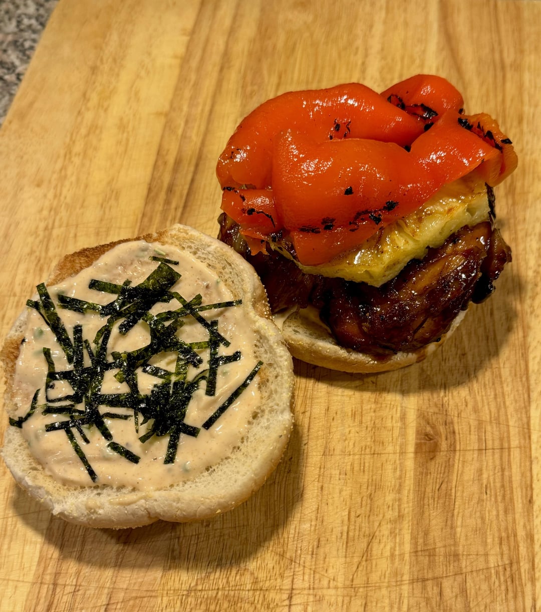 Glazed Teriyaki Chicken Sandwiches, with Seared Pineapple, Roasted red ...