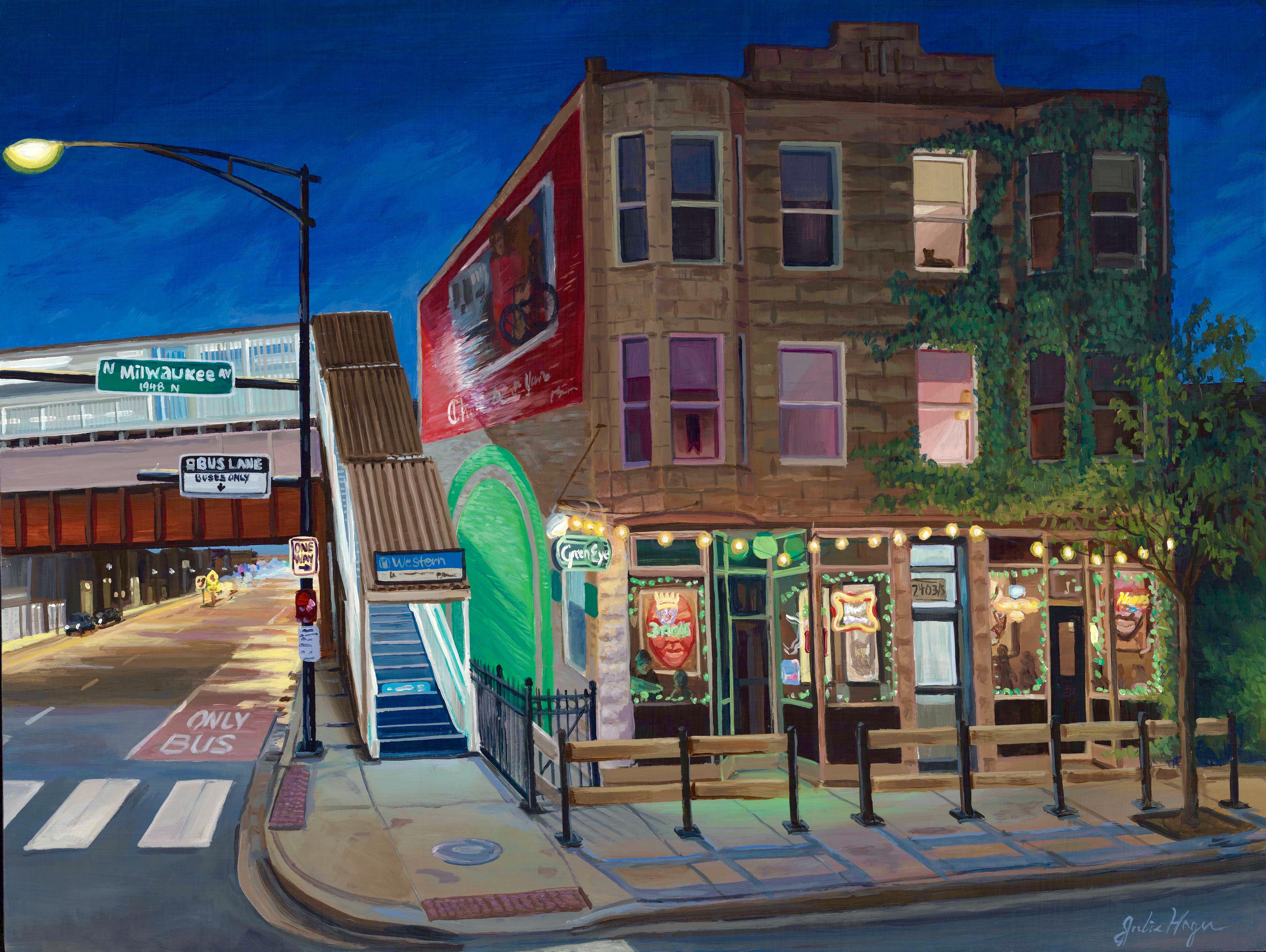 Painting of the Bucktown bar Green Eye Lounge right off the Western ...